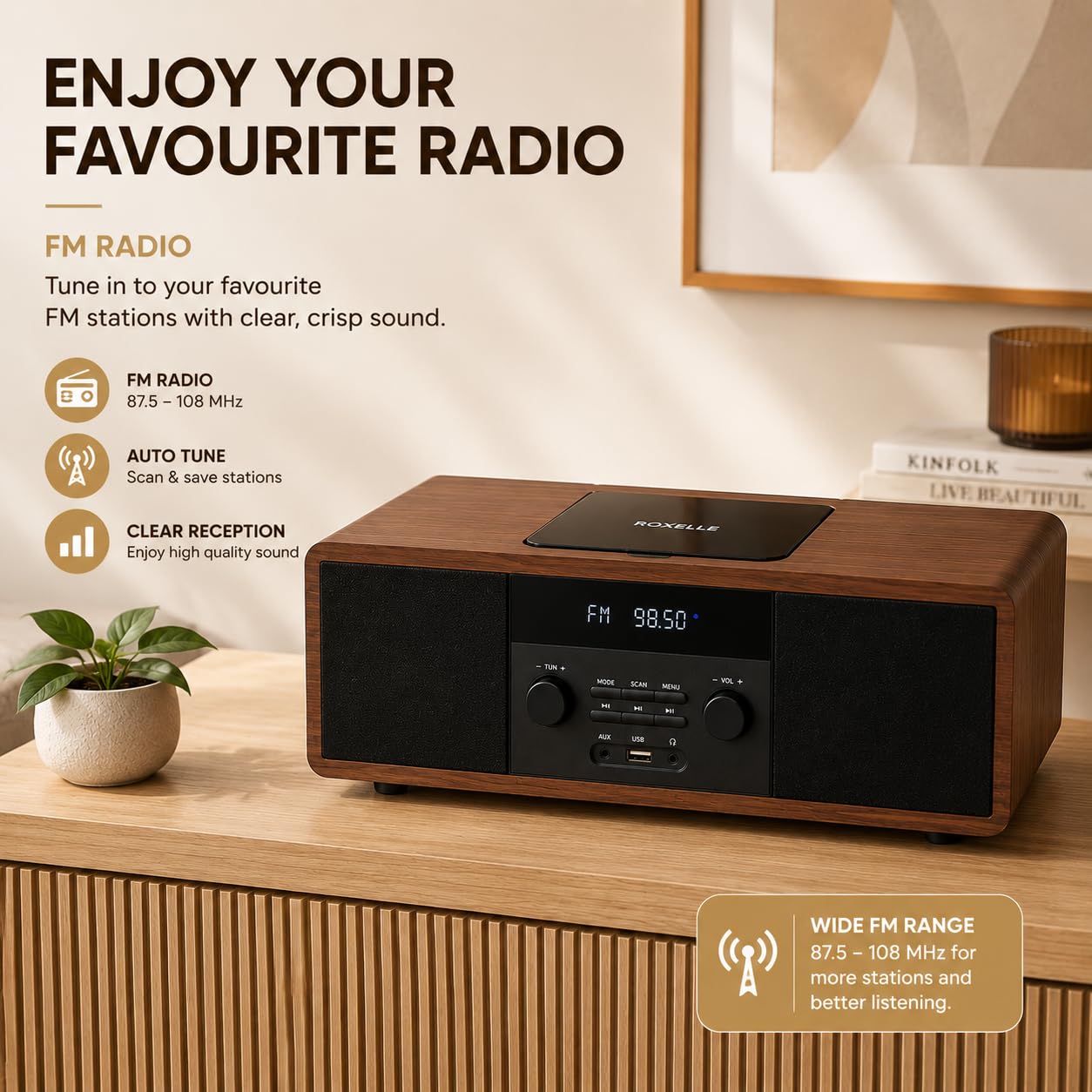 ROXELLE Sistema Hi-Fi compatto CD-440 con lettore CD, Bluetooth, radio FM, riproduzione MP3 USB, AUX e jack per cuffie, 2 altoparlanti stereo da 10 W, telecomando, finitura in legno di noce
