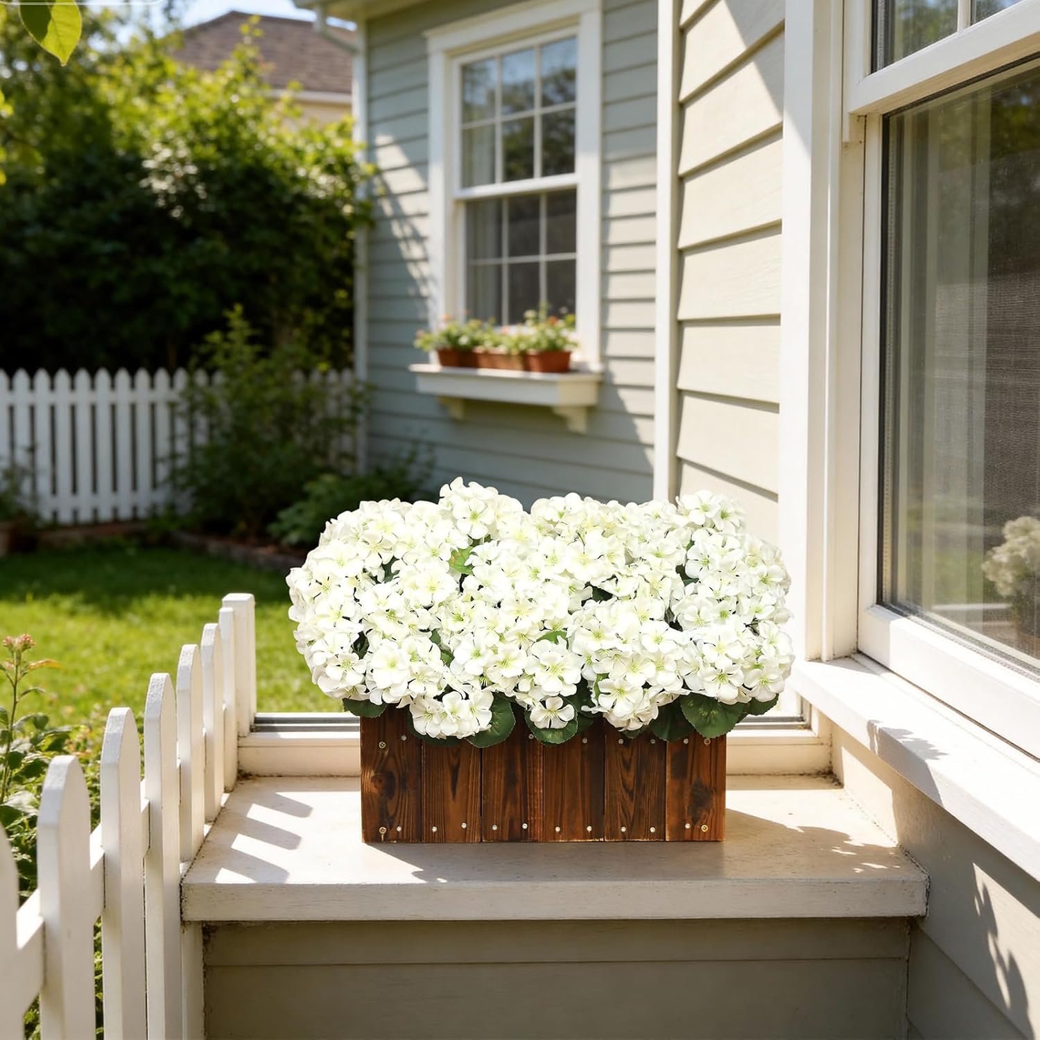 6 Bundles White Artificial Geranium Flowers for Outdoors Spring Decor Geraniums Silk Flowers UV Resistant Lifelike Faux Flowers for Spring Indoor Outdoor Garden Patio Porch Balcony Home Decoration