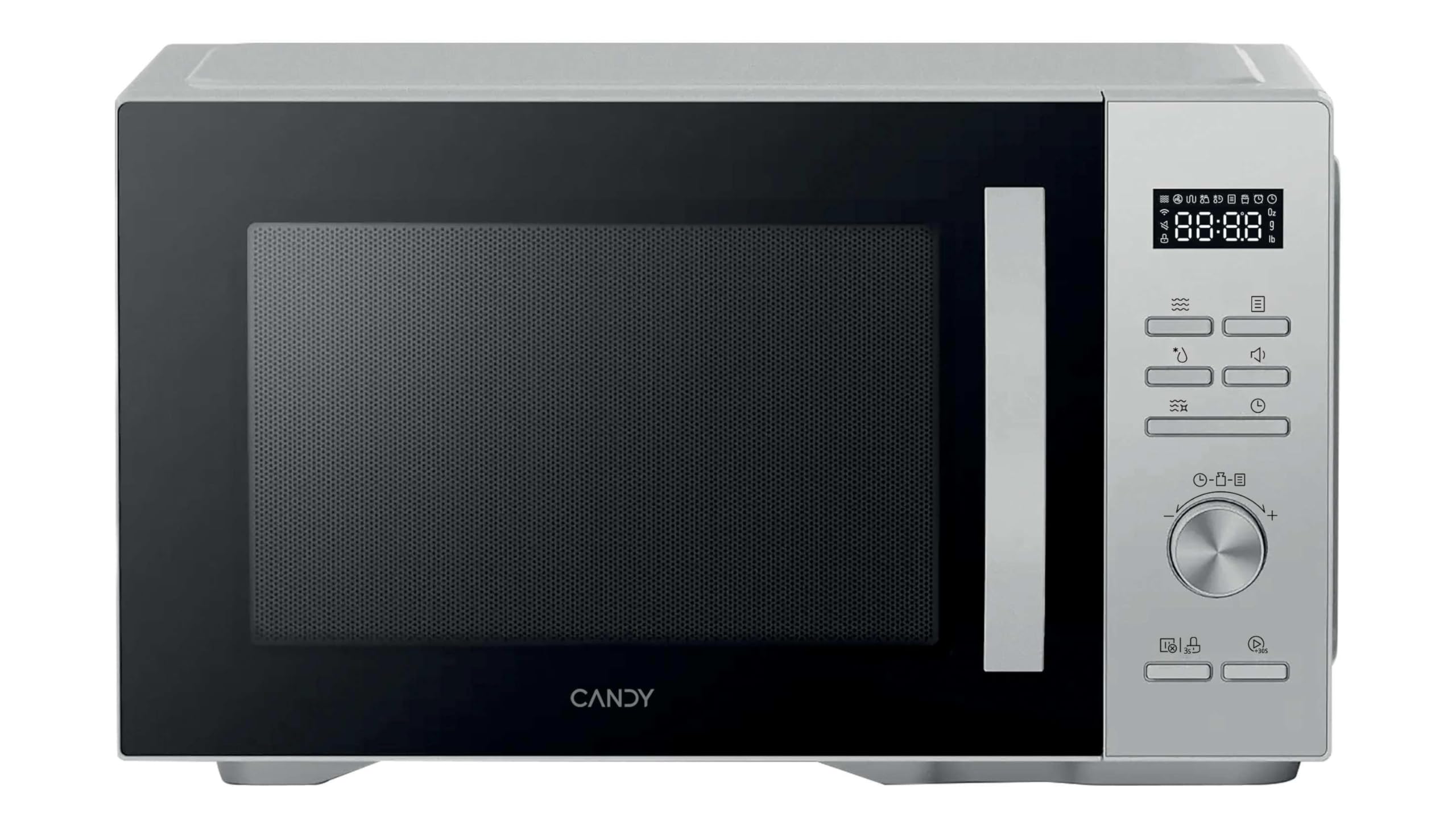 Candy CMGA31W8DLS Microondas con Grill, 31L, 900W-1500W, 5 Niveles de Potencia, 8 automenús, Bloqueo Infantil, Plato 31,5CM, Display Digital, Descongelación, Apertura Izquierda, Inox