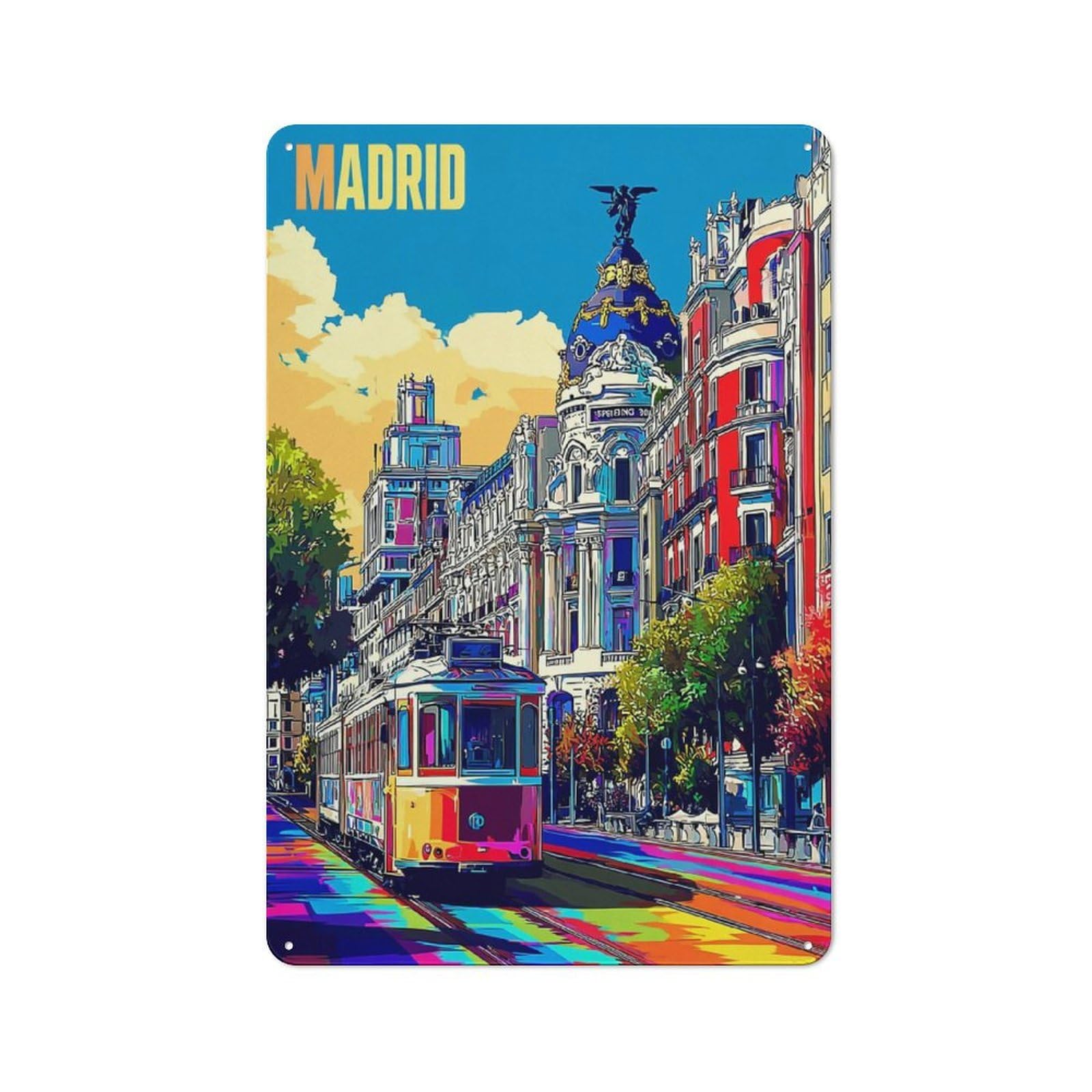 Junmoney Colorful Madrid Street Scene With Tram -2 Metal Wall Sign 30X20cm Featuring For Garage Wall, A Housewarming Gift For People Furnishing A Garage