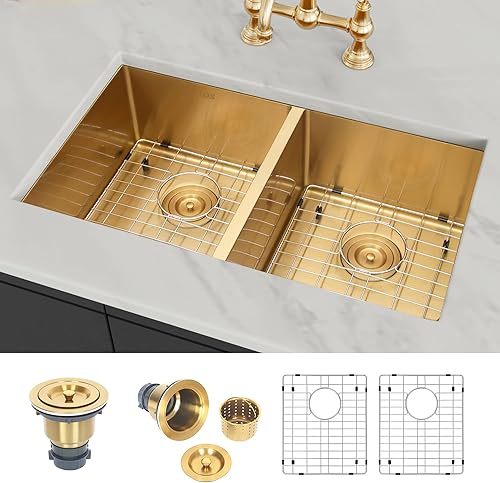 LQS Fregadero de cocina de montaje inferior de 31 pulgadas, fregadero de cocina dorado, fregaderos de acero inoxidable con fregaderos, accesorios