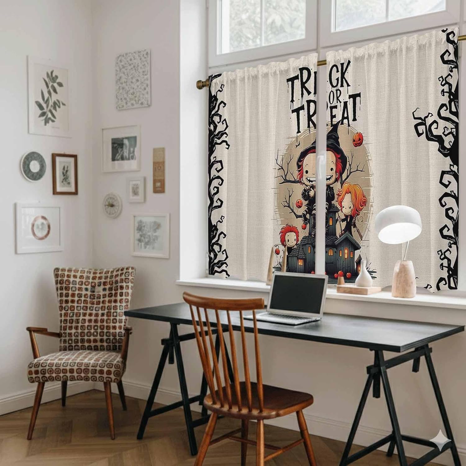 Halloween Kitchen Tier Curtains 45 Inch Long 2 Panel Set,Rod Pocket Short Window Treatment,Trick Or Treat Children Pumpkin Black Branches Curtains & Drapes for Bathroom Basement 27.5"W x 45"L