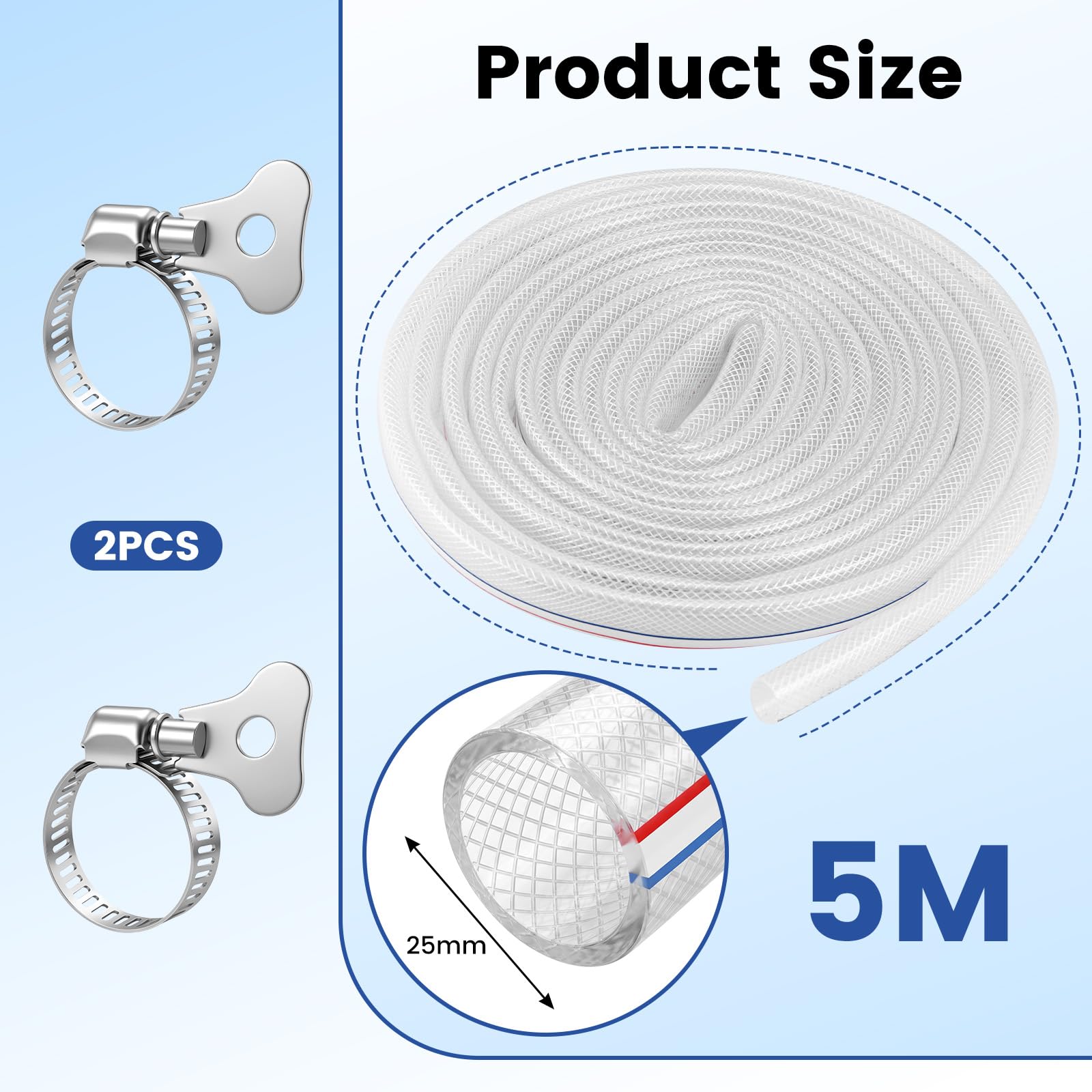 Tuyau en PVC Transparent avec Collier Métallique, 5m Ø25mm Tuyau D'Aspiration Indéformable avec Tissu pour Transport d'Eau, Tuyau Aspiration Pompe Flexible Pour l'Arrosage