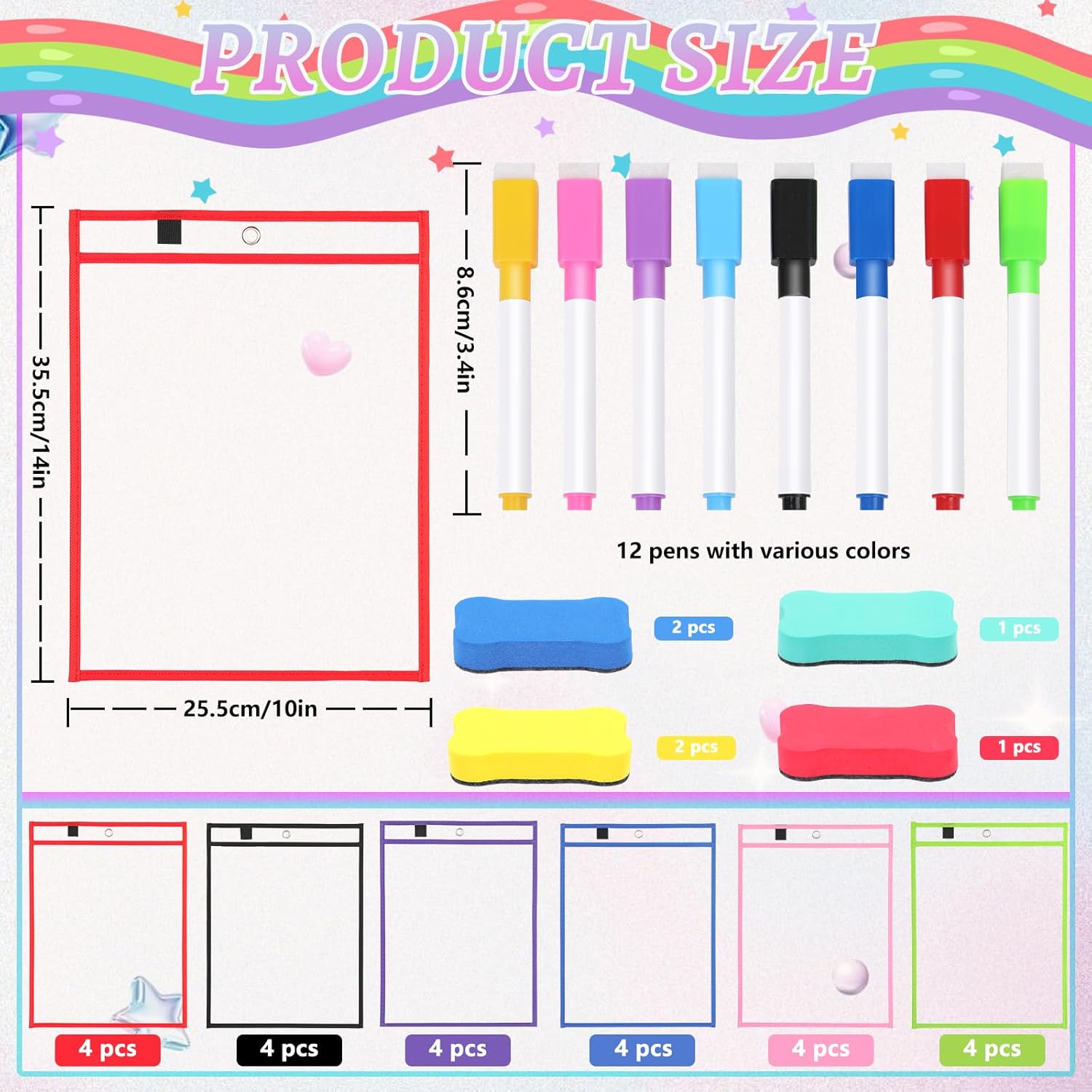 24 Pack Dry Erase Pocket Reusable Sleeves 10" x 14" Clear Plastic Sheet Protectors with Dry Erase Markers and Mini Sleeves Paper Teacher Supplies