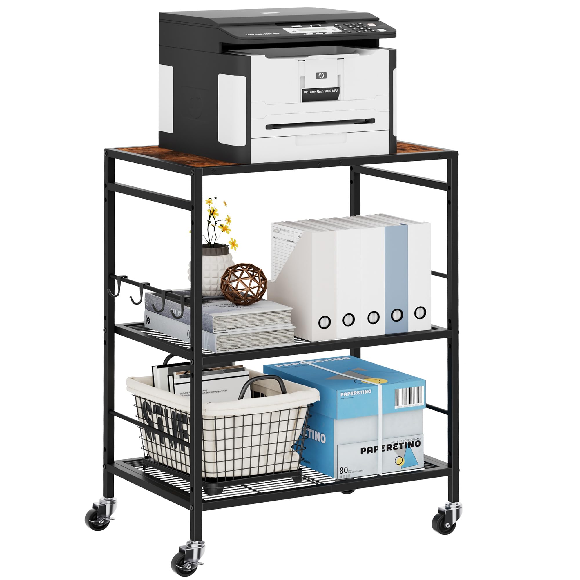 XIVIRACK 3-Tier 23.6" W Mobile Printer Table with Adjustable Shelf & Industrial Wheels Rolling Cart, Home 3D Printer Stand with 4 Hooks,Rustic Brown for Office & Living Room