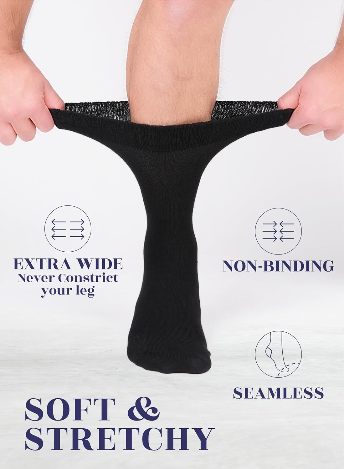 Hugh Ugoli Diabetic Socks for Men, Non-Binding, Moisture Management, Loose Fit, Wide, Seamless, Edema Neuropathy, Size M/L/XL - Image 2