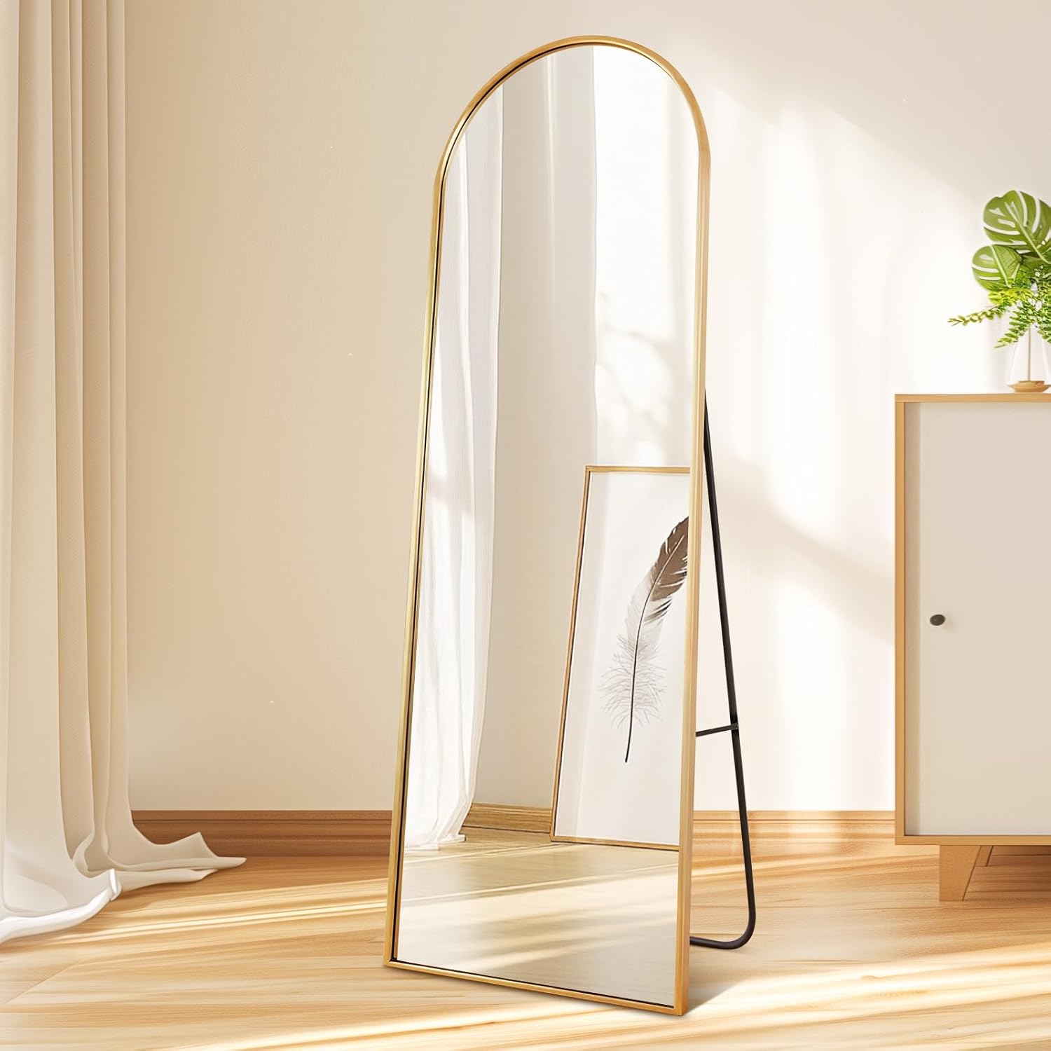 161x52cm Floor Big Standing Mirror (64"x21"), Shatter-Proof Tempered Glass Arched Full Length Mirror, Dressing and Wall-Mounted Thin Frame Mirror(Gold)
