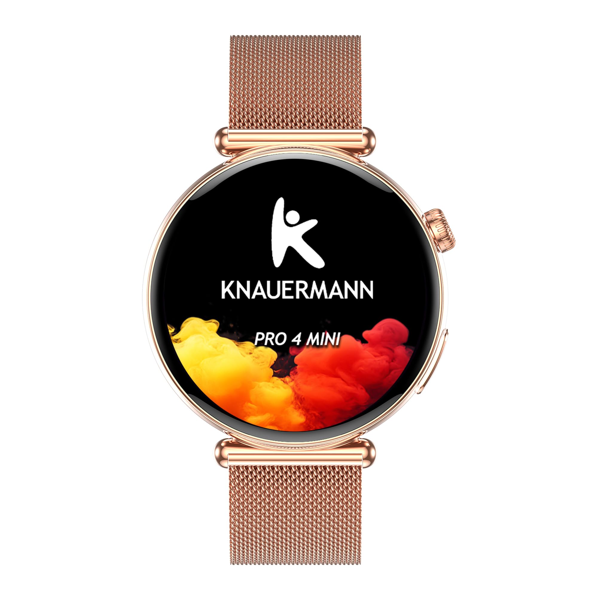 Knauermann PRO 4 MINI (2026) okrągły zegarek zdrowotny EKG z pomiarem ciśnienia krwi, pulsu i tlenu we krwi, analiza snu, telefonia, IP67, złoty