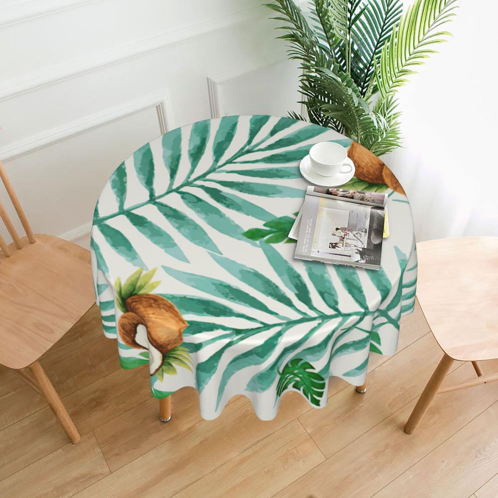 Uusnwaa Summer Coconut Tree Print Round Tablecloth 60 Inch, Stain Wrinkle Resistant Washable Polyester Table Cover For Kitchen Party
