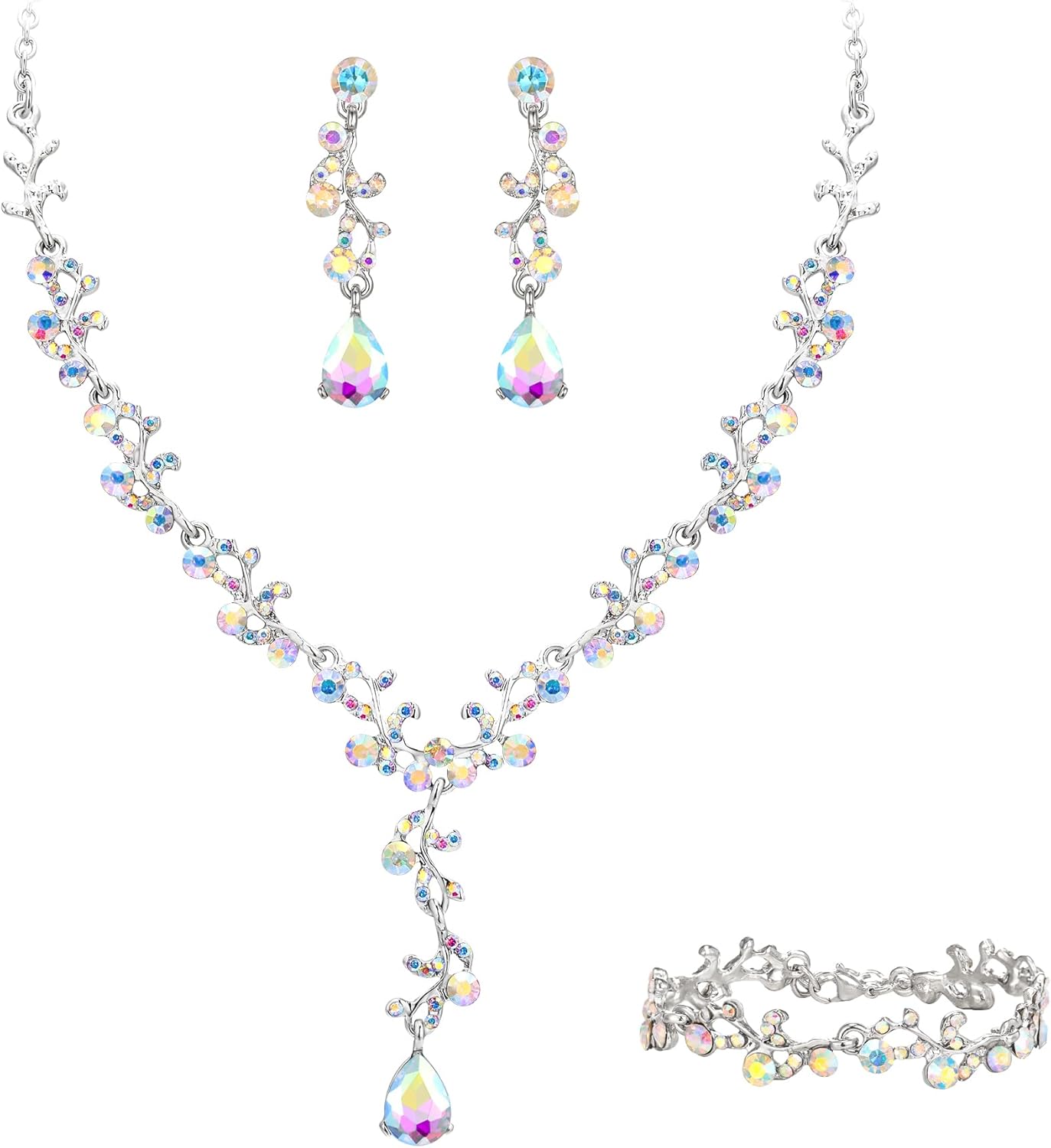 EleQueen Austrian Crystal Necklace Earrings Bridal Jewerly Set for Brides Wedding Party Dress Costume Accessories for Women Iridescent AB Silver-Tone