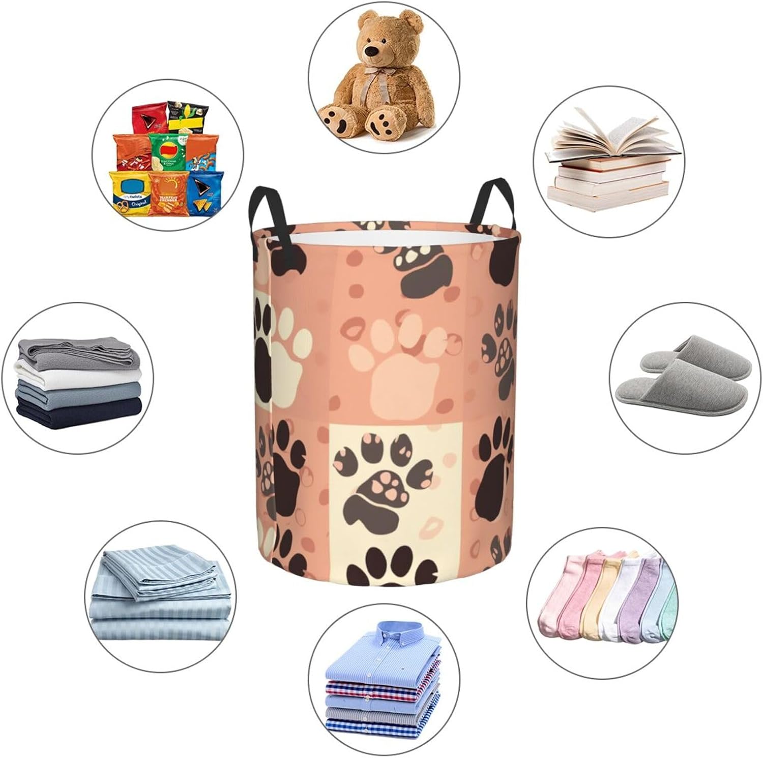 Cute Cat Paw print Circular Hamper Waterproof Storage Bin Organizer Basket Laundry Hamper With Handles For Clothes Toys Medium