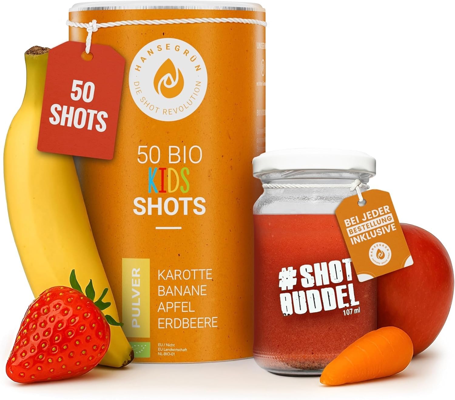 Hansegrün - Bio Kids Shots (50 Stk.) - Täglicher Allrounder für das Immunsystem¹, Zähne² & Knochen³ - Superfood-Pulver mit Gemüse, Früchten & Beeren - 100% echte Zutaten zur täglichen Zubereitung