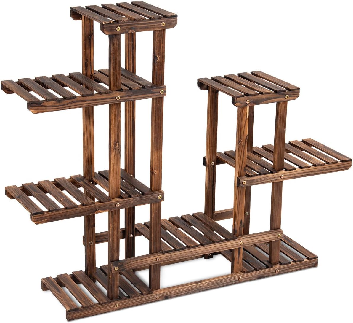 Giantex Flower Rack Wood Plant Stand 7 Wood Shelves 13 Pots Bonsai Display Shelf Indoor Outdoor Yard Garden Patio Balcony Living Room Multifunctional Storage Rack Bookshelf W/Hollow-Out Rack