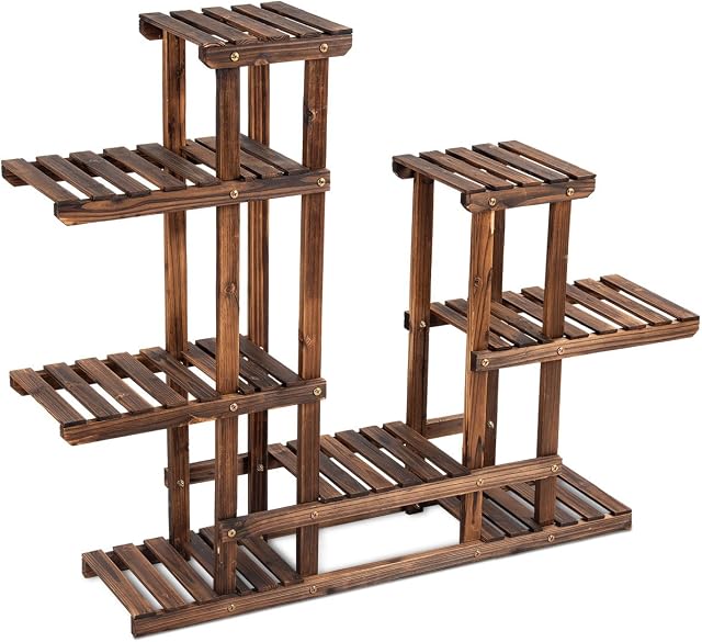 COSTWAY 6-Tier Floor-standing Flower Rack Wood Plant Stand 13 Pots Bonsai Display Storage Shelf, for Indoor Outdoor Yard Garden Patio Balcony Living Room(Type 1: 6-Tier 13 Pots)