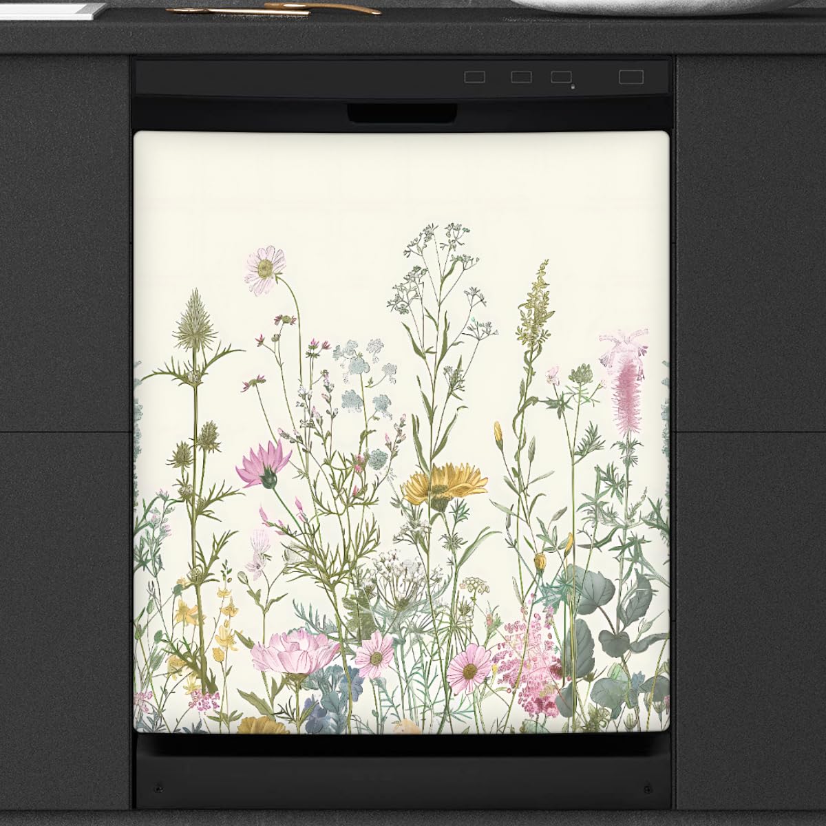 Dishwasher Magnet Cover Retro Wildflower Floral Leaves Reusable Dishwasher Magnetic Cover Sticker Decorative Dish Washer Door Cover Panel for Home Kitcen Appliance