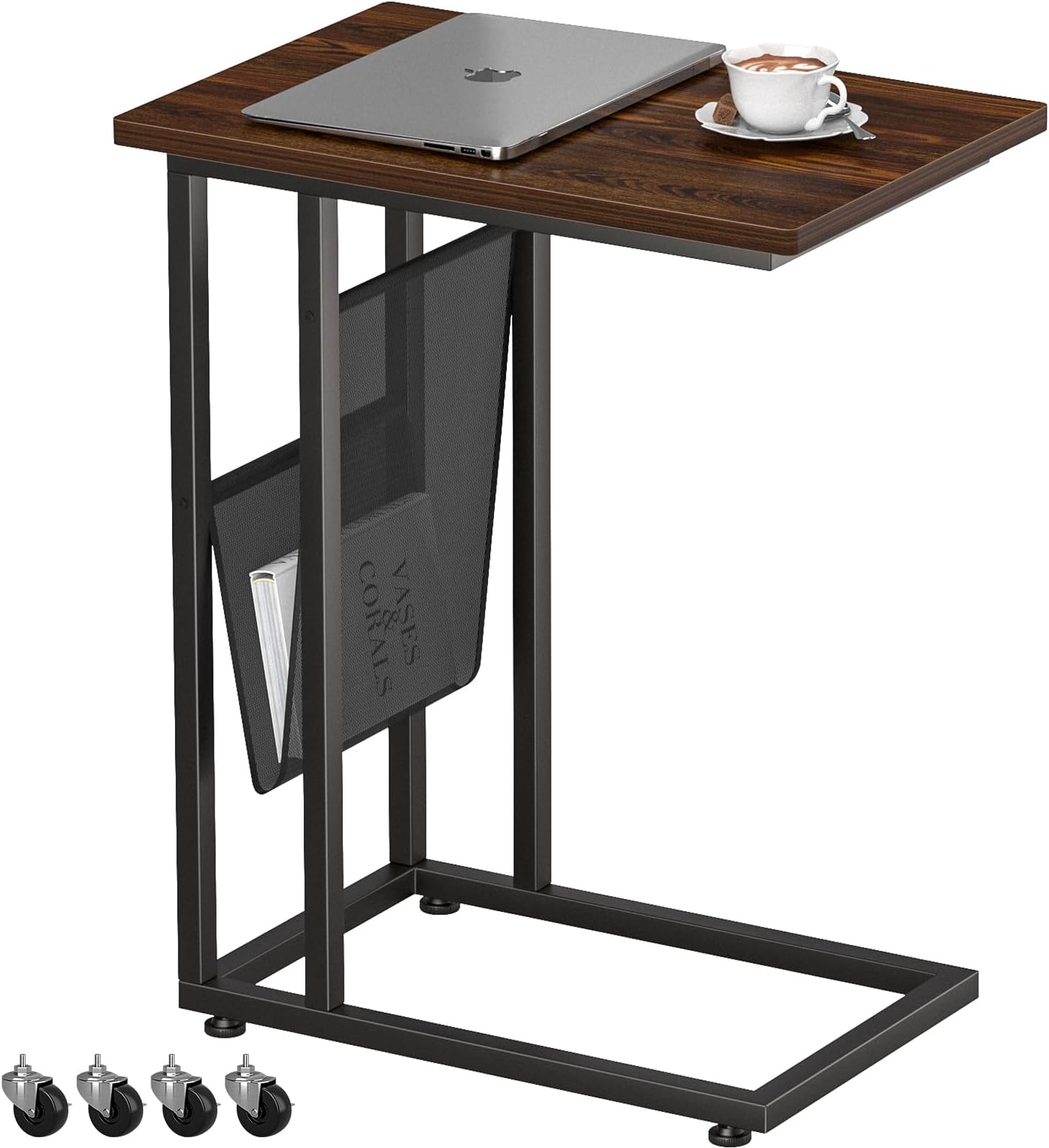 EKNITEY Small Side End Table - 22" L * 14" W * 27" H Industrial Couch Table Convenient C Shaped Snack Table with Side Pocket for Living Room, Laptop, Bedroom, and Small Spaces