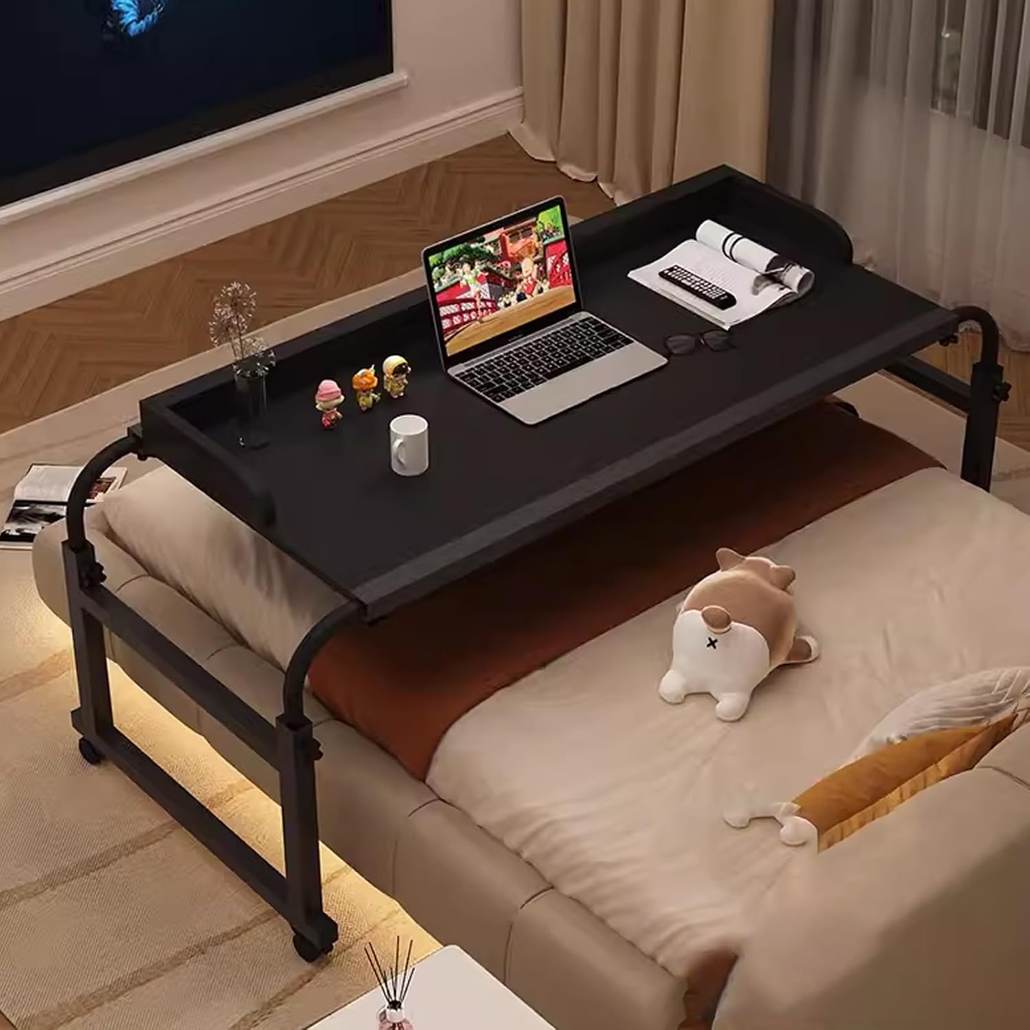 Adjustable Height Overbed Table with Wheels for King Size Beds Rolling Desk for Home and Bedroom