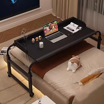 Overbed Table with Wheels, Over The Bed Table, Over The Bed Desk King Size, Rolling Desk Over Bed Adjustable Height, King Beds Rolling Medical Bed Desk, for Hospital and Home Color Black,