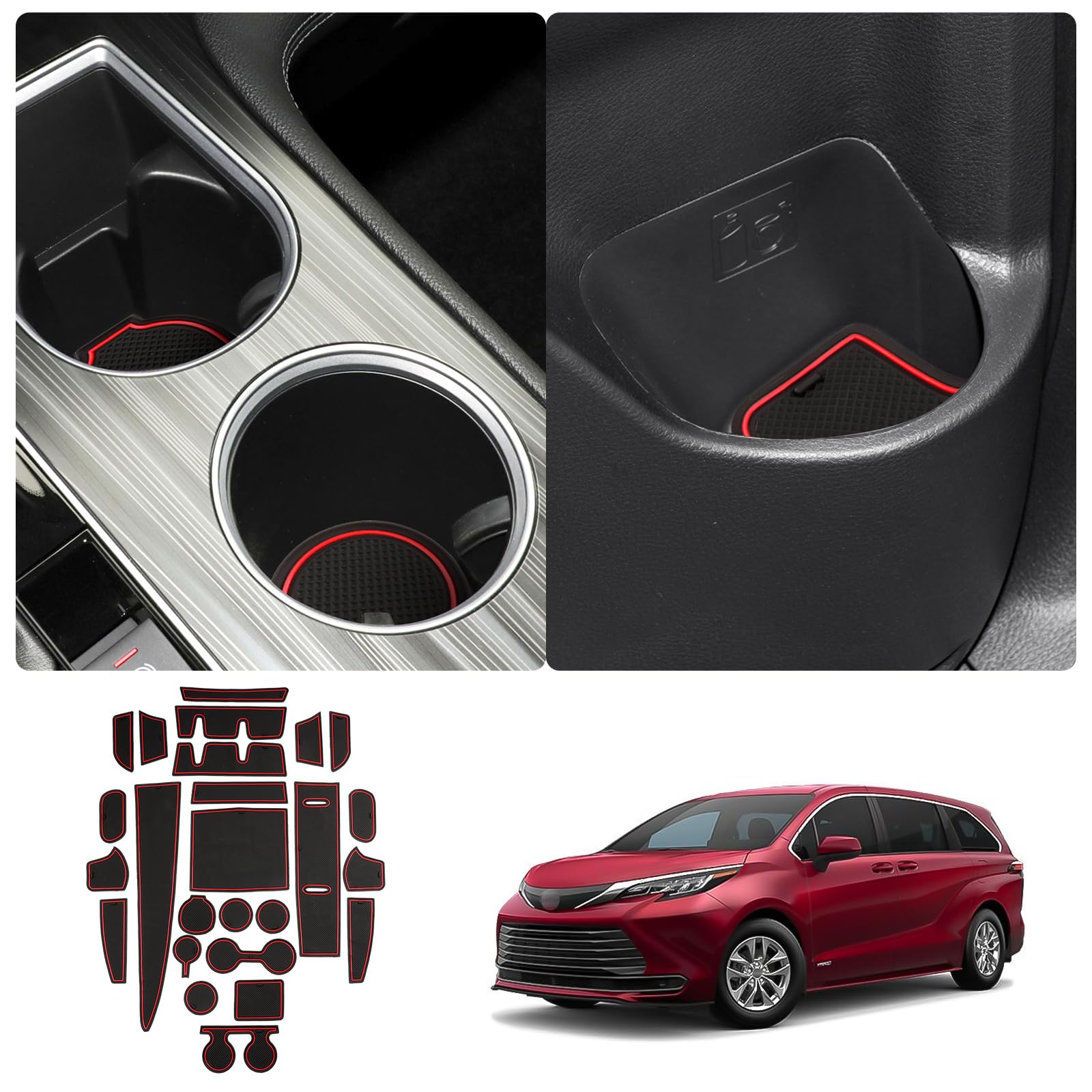 2021-2024 Toyoat Sienna XL40 Center Console Liners Mats Cup Holder Inserts Mats Non-Slip Center Console Shifter Liner Trim Mats Anti-dust Door Pocket Liners Interior Accessories 25 PCS(Red)