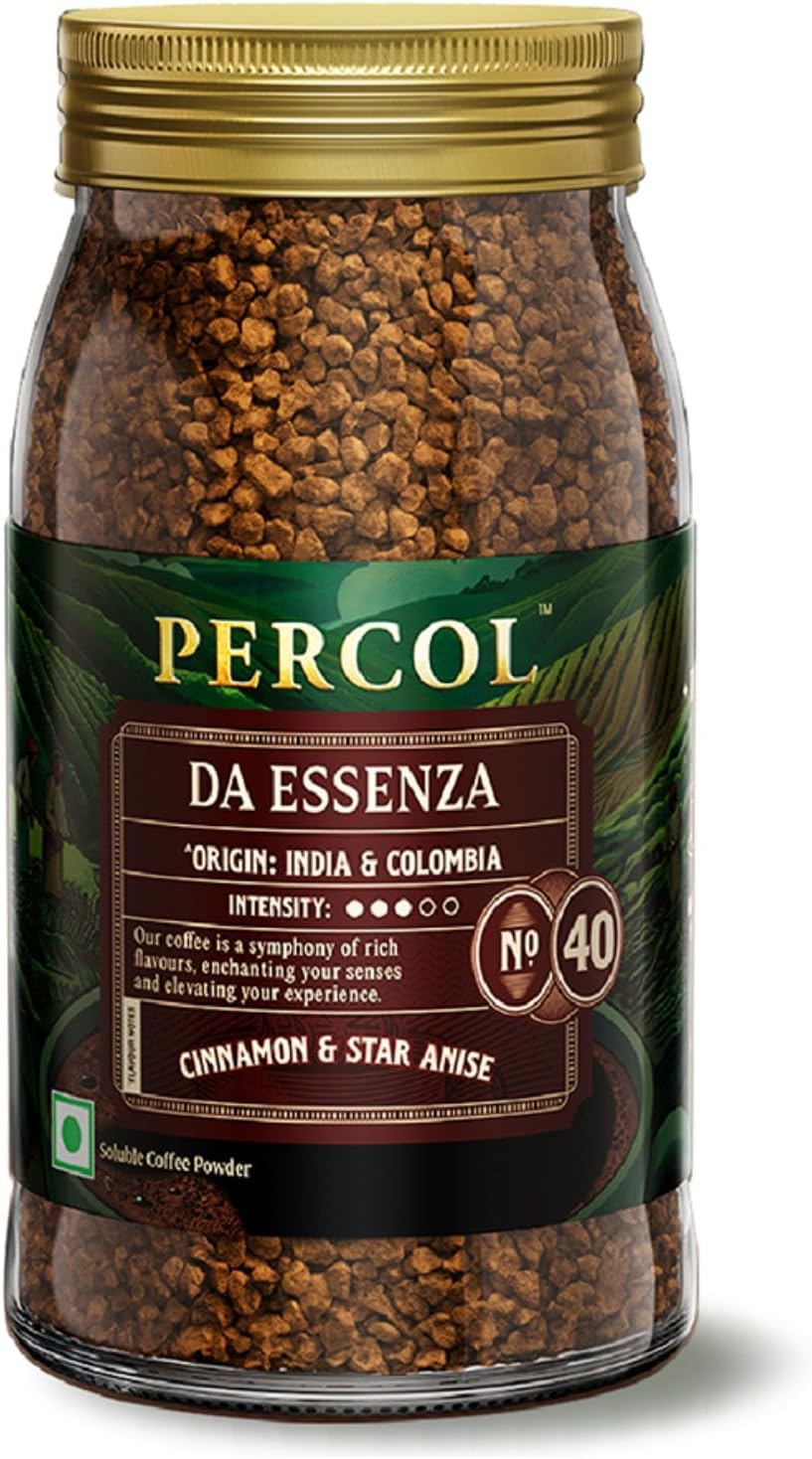 PERCOL Premium Instant Coffee | Da Essenza Blend 40 | Crafted with Premium Imported Beans | Freeze Dried | Designed in UK | 100g Jar | 100% Pure Coffee | Flavorful & Aromatic Coffee