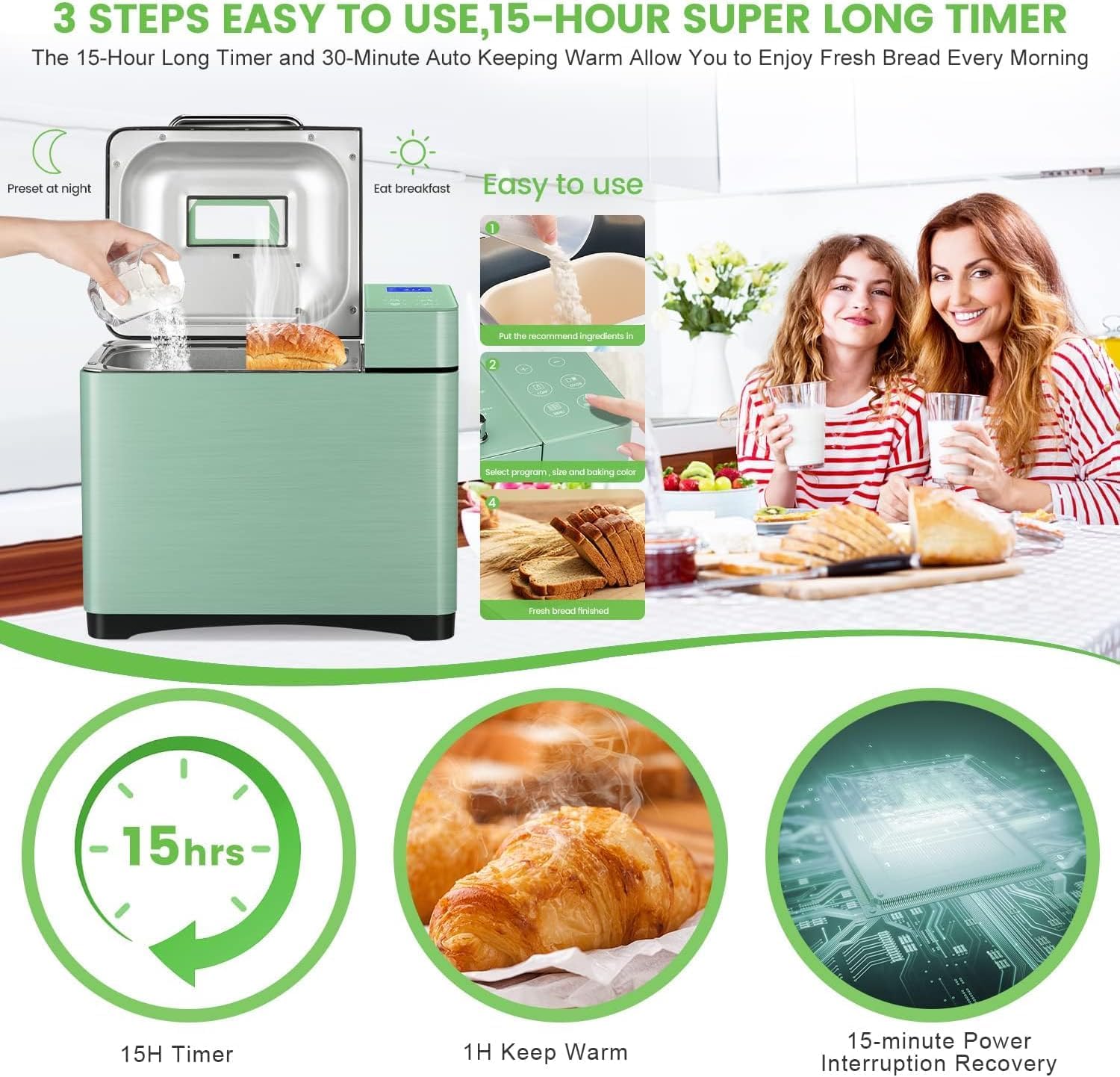 17-in-1 Bread Maker with Dual Heaters, 2.2LB Larger Bread Machine With Non-Stick Ceramic Pan & Auto Fruit Dispenser, Full Stainless Steel Bread Maker Machine Full Touch Panel, 15H Timer & Keep Warm