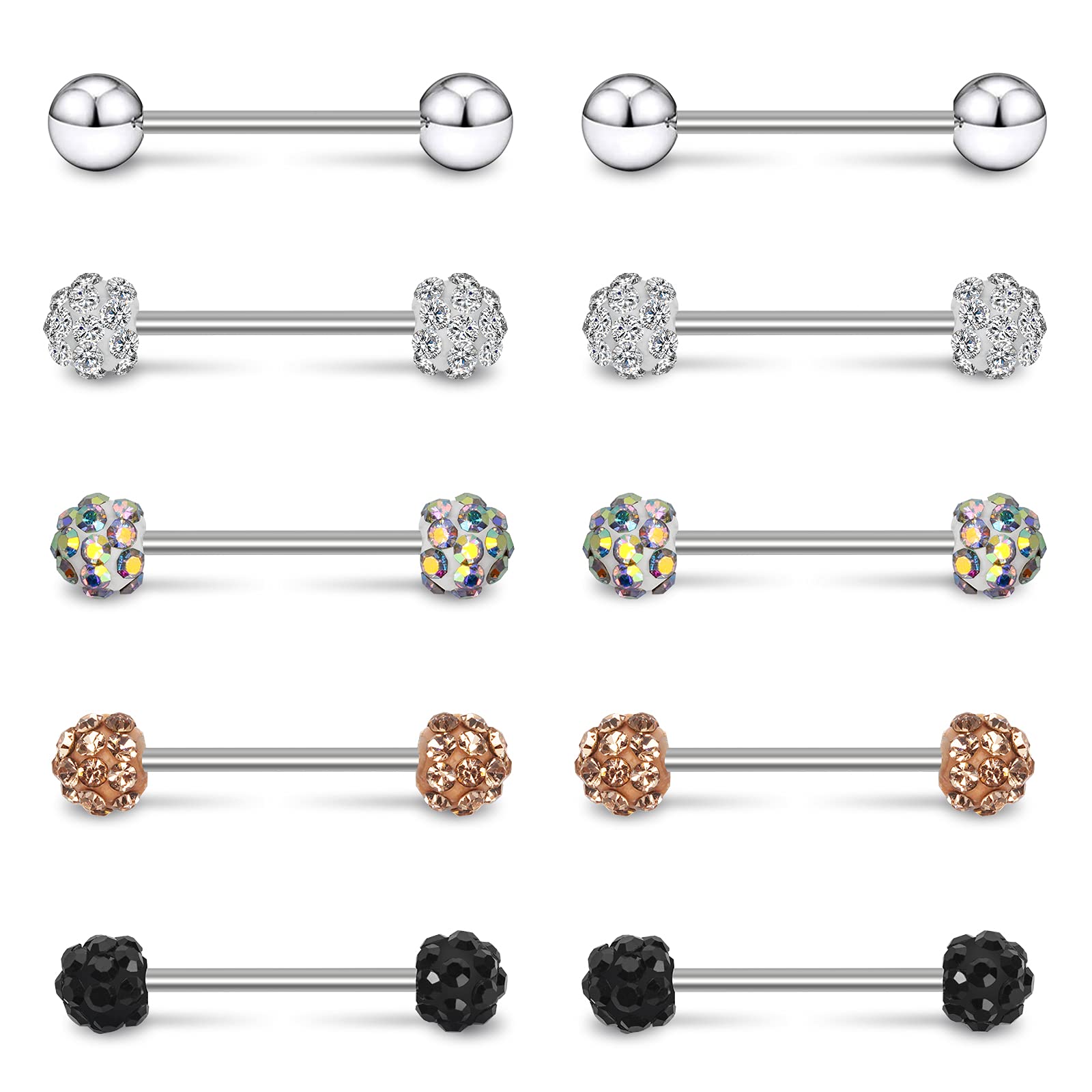 CrazyPiercing10Pcs CZ Tongue Rings 16G Tongue Piercing with Straight Stainless Steel Barbell Bar Piercing Jewelry 14mm Length