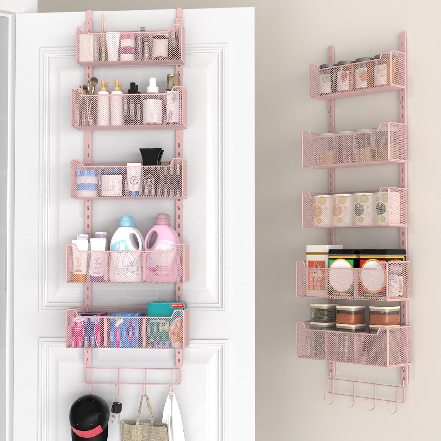 Over The Door Organizer, Metal Door Organizer Hanging with 5 Adjustable Baskets and Coat Hook, Behind The Door Storage for Bedroom Closet Bathroom Pantry Cabinet Kitchen, Pink