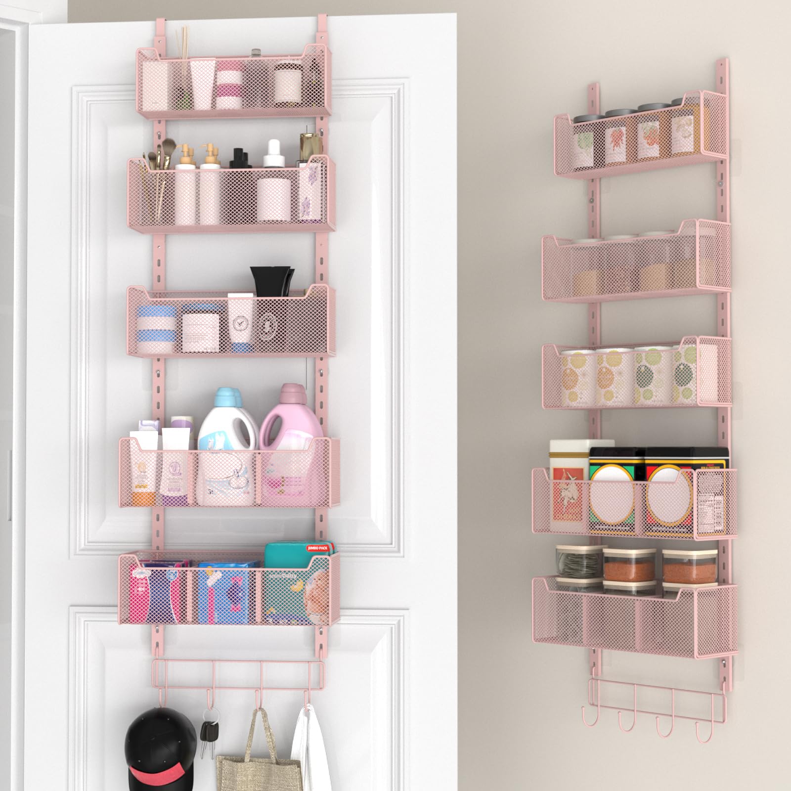 Photo 1 of VyGrow Over The Door Organizer, Metal Door Organizer Hanging with 5 Adjustable Baskets and Coat Hook, Behind The Door Storage for Bedroom Closet Bathroom Pantry Cabinet Kitchen, Pink