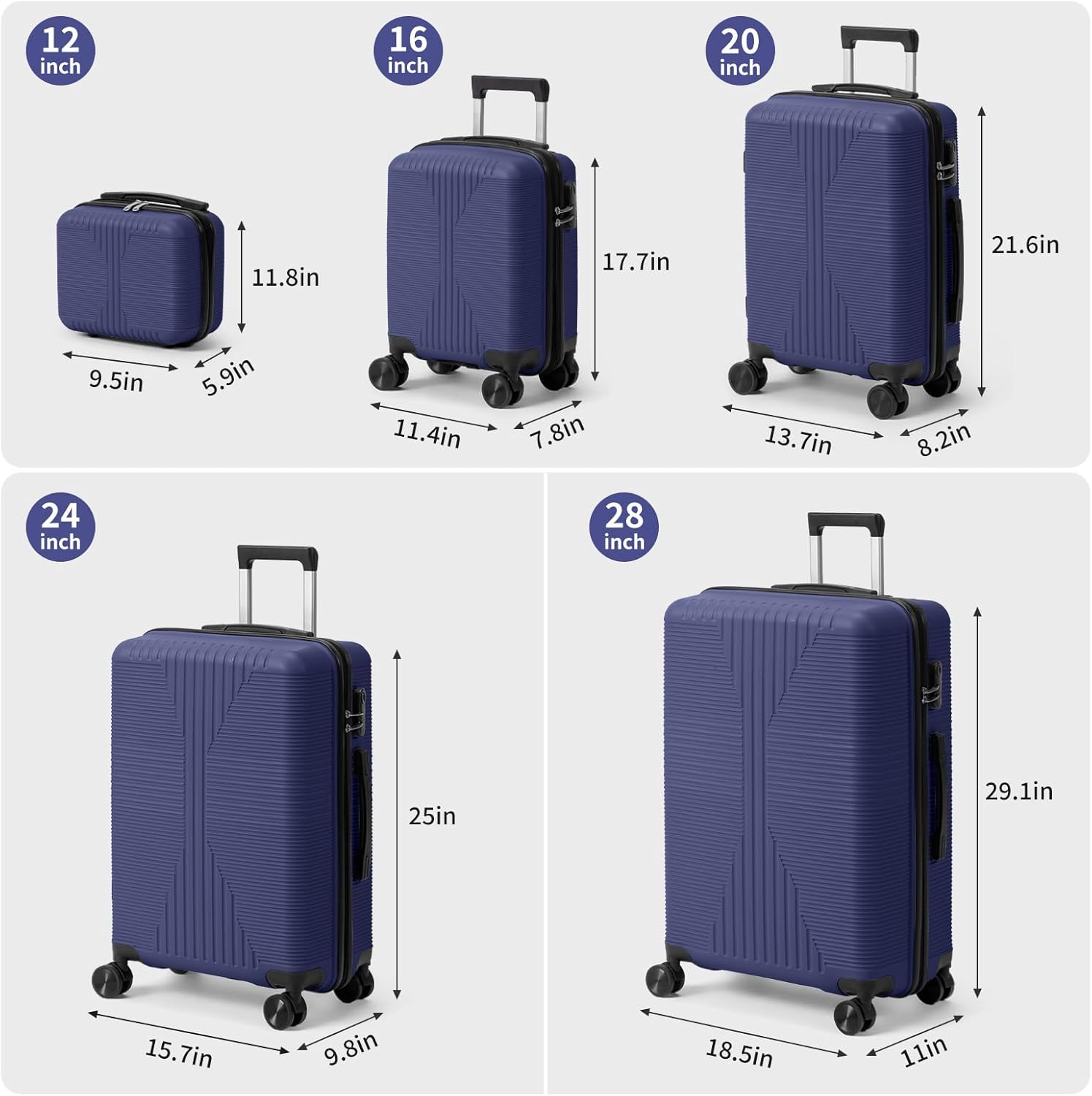 Luggage Sets 5 Piece, Suitcases With Wheels, Luggage Sets 5 Piece Suitcases with Wheels, Lightweight Travel Luggage Set with Non-TSA Lock, PP Hardshell Carry On Suitcase Set with Spinner Wheels