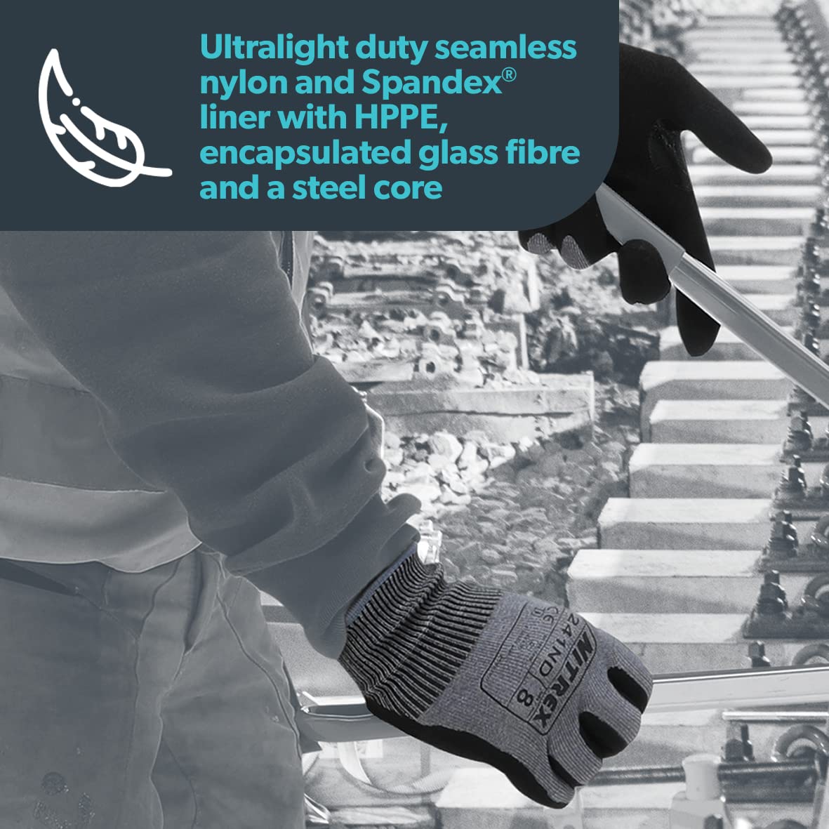 NITREX Unigloves 241ND Guantes reutilizables con tecnología NitreGuard y NitreGrip, revestimiento de palma de nitrilo arenoso con un forro ultra ligero resistente a los cortes, en gris/negro
