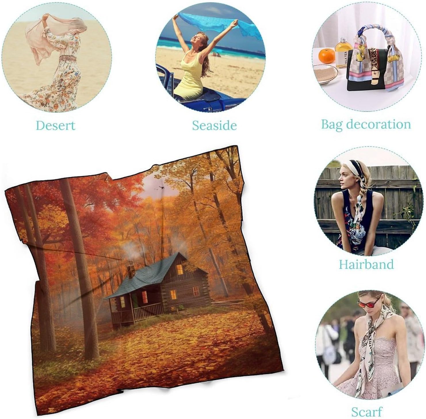 Autumn Woods Cabin Hair Scarf for Women, Lightweight Square Head Shawls for Men, Fashion Neckerchief for Travel, Hair Bandanas, Silk Satin Neck Scarf for Sleeping, 27 Inches