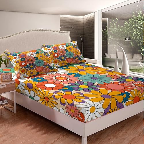 Miniatura 10 de Juego de sábanas vintage de 1960 y 1970, tamaño matrimonial, sábanas de flores de dibujos animados para niñas y adultos de los años 60 y 70, juego