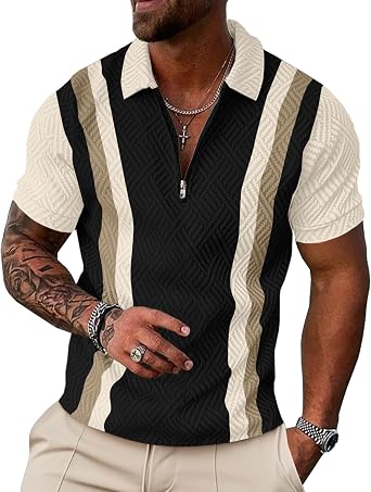 UOUA Mens 1/4 Zip Polo Shirts Summer Short Sleeve Sweatshirts Vintage Striped Texture Tops Casual Golf Tee