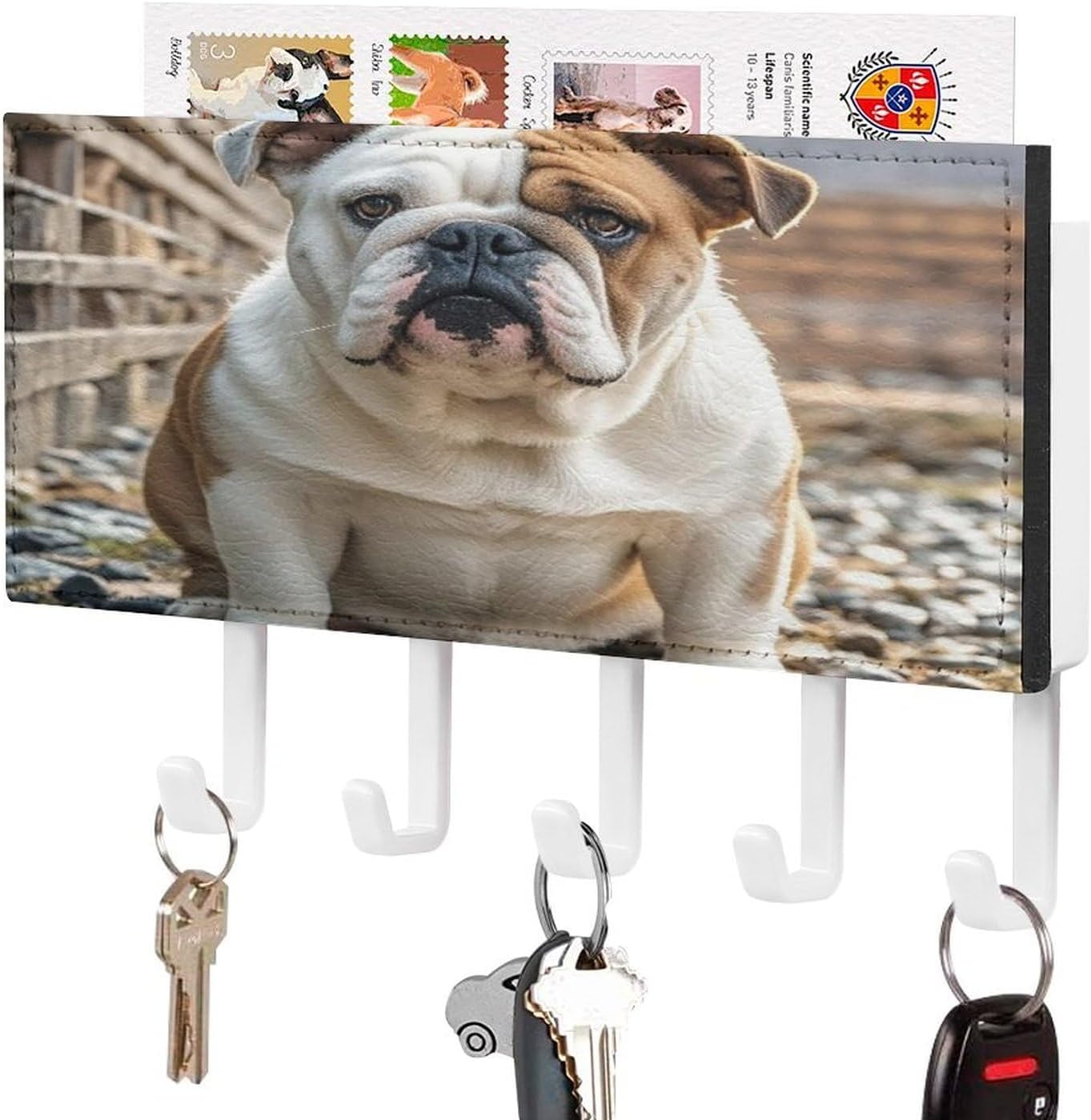 Key Holder Wall Mount Key Hanger with 5 Hooks, Decorative Key Rack | English-Bulldog Hanging Key Hooks with Mail Organizer for Wall Living Room Kitchen Bathroom Hallway