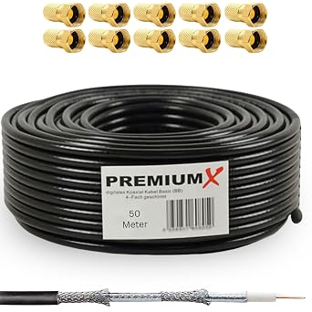 Premium X 50m Coaxial Cable BASIC Black 135dB 4 Times Shielded CCS Satellite TV Antenna Coaxial Cable 10x F Plug