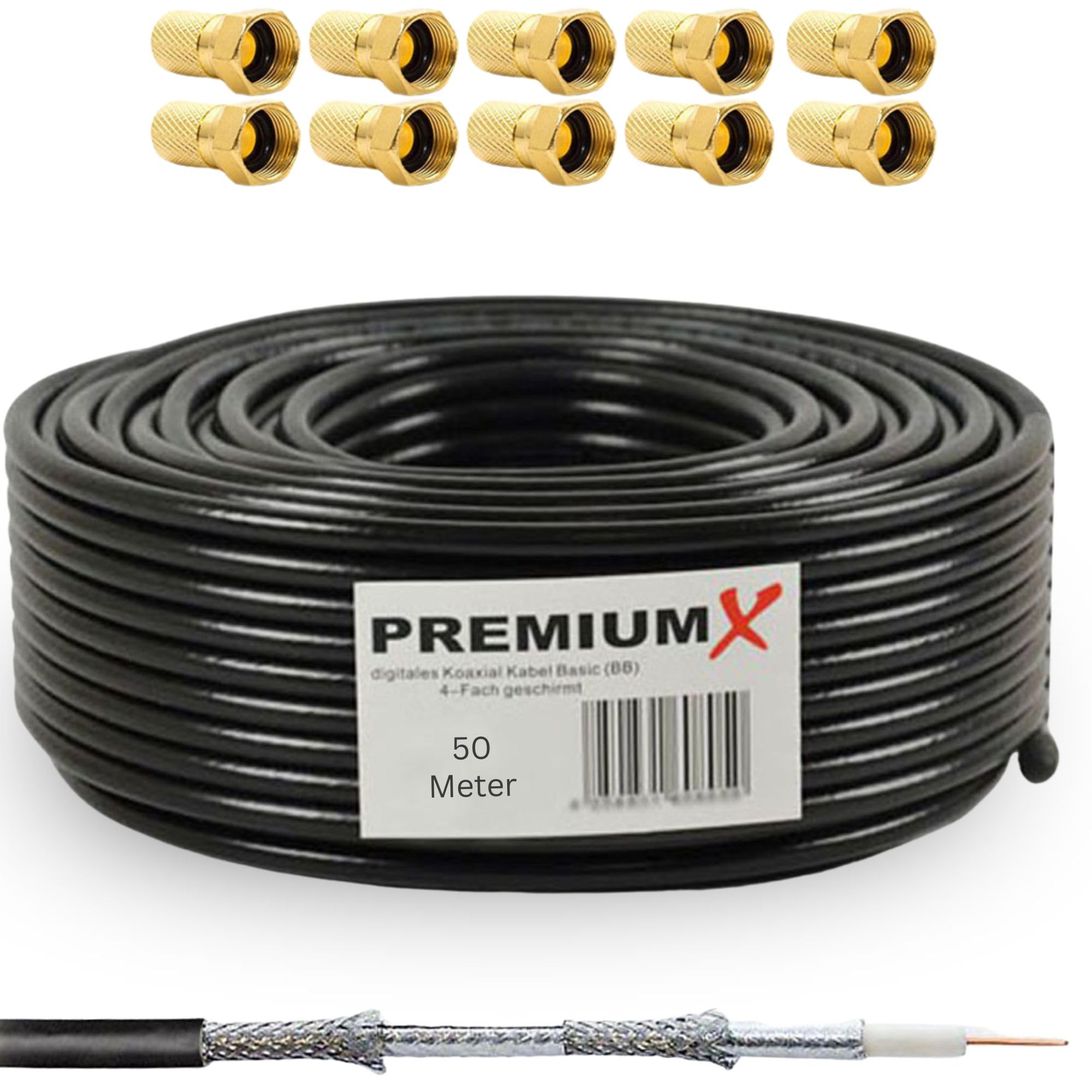 Premium X 50m Cavo coassiale BASIC NERO da Nero 130 dB Cavo antenna SAT schermato a 4 vie 130dB 4K FullHD 1080p HDTV compatibile Nuovo + 10x F-plug a colori "oro"