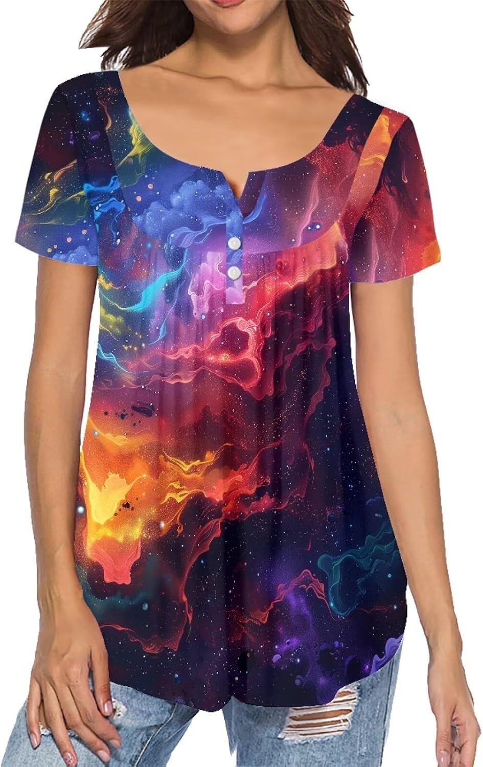 Forchrinse Galaxy Starry Space T Shirt for Women Tunics Top Loose Fit Causal V Neck Button up Swing Plated Blouse,S-4XL