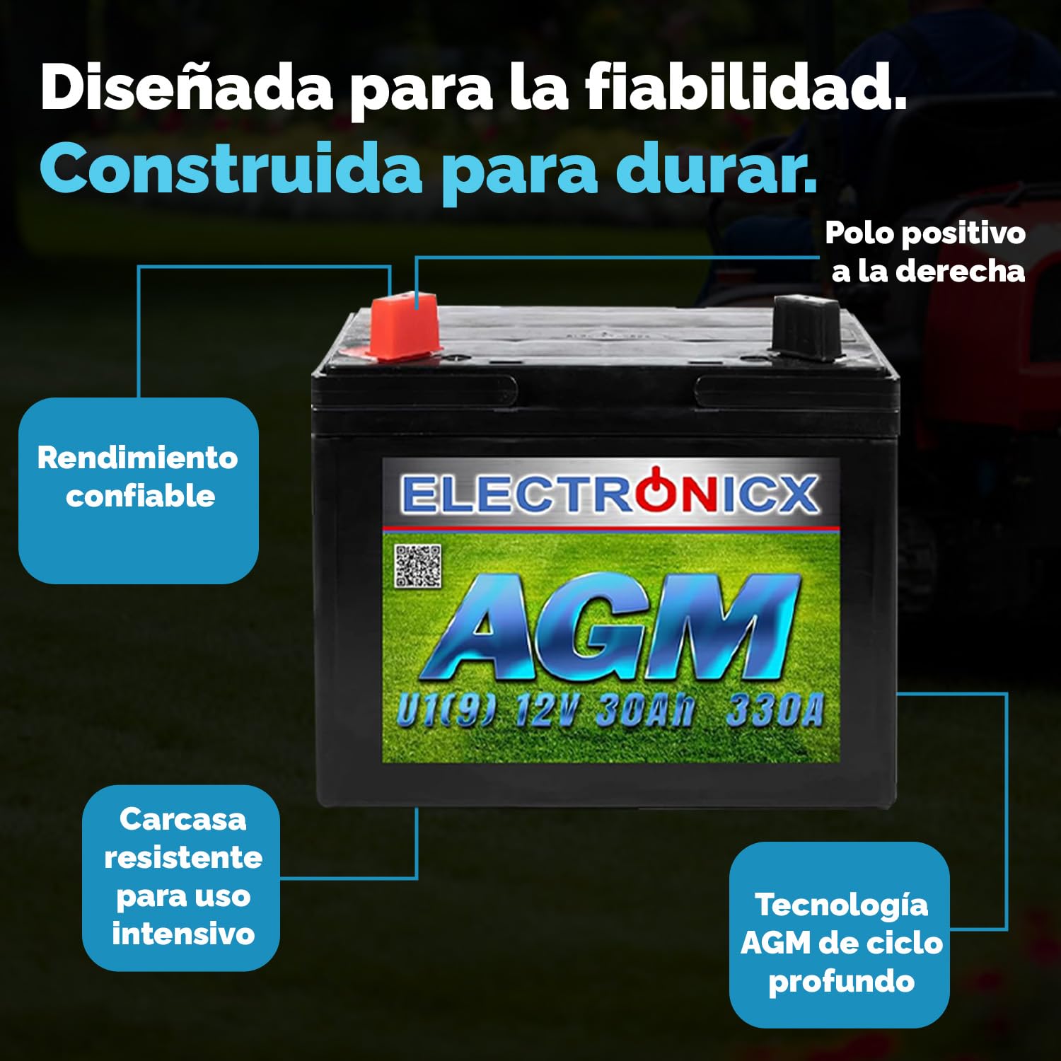Electronicx AGM U1(9) 30AH 330A (EN) Batería para cortacésped con asiento, herramientas de jardín, batería de arranque, sin mantenimiento, tecnología AGM cerrada.