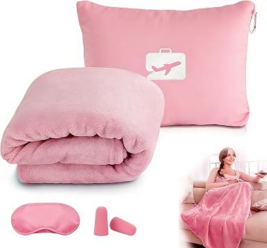 Travel Blanket and Pillow with Eye Mask and Ear PlugsPink