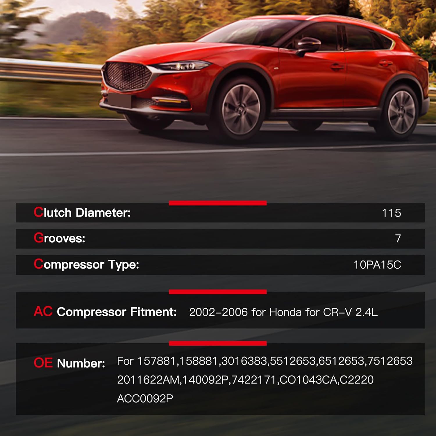 cciyu Air Conditioning Compressor for Honda CR-V 2.4L 2002 2003 2004 2005-2006 Replaces AC Compressor with Clutch for Car 7 Grooves 157881 158881