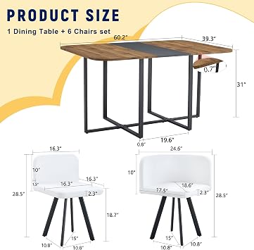 Modern Dining Table Set for 6,60 Space Saving Kitchen Table Set with Tucking Chairs, Wood Dining Table Set with Metal Legs,Compact Design for Dining Room and Small Apartment,Easy Assembly