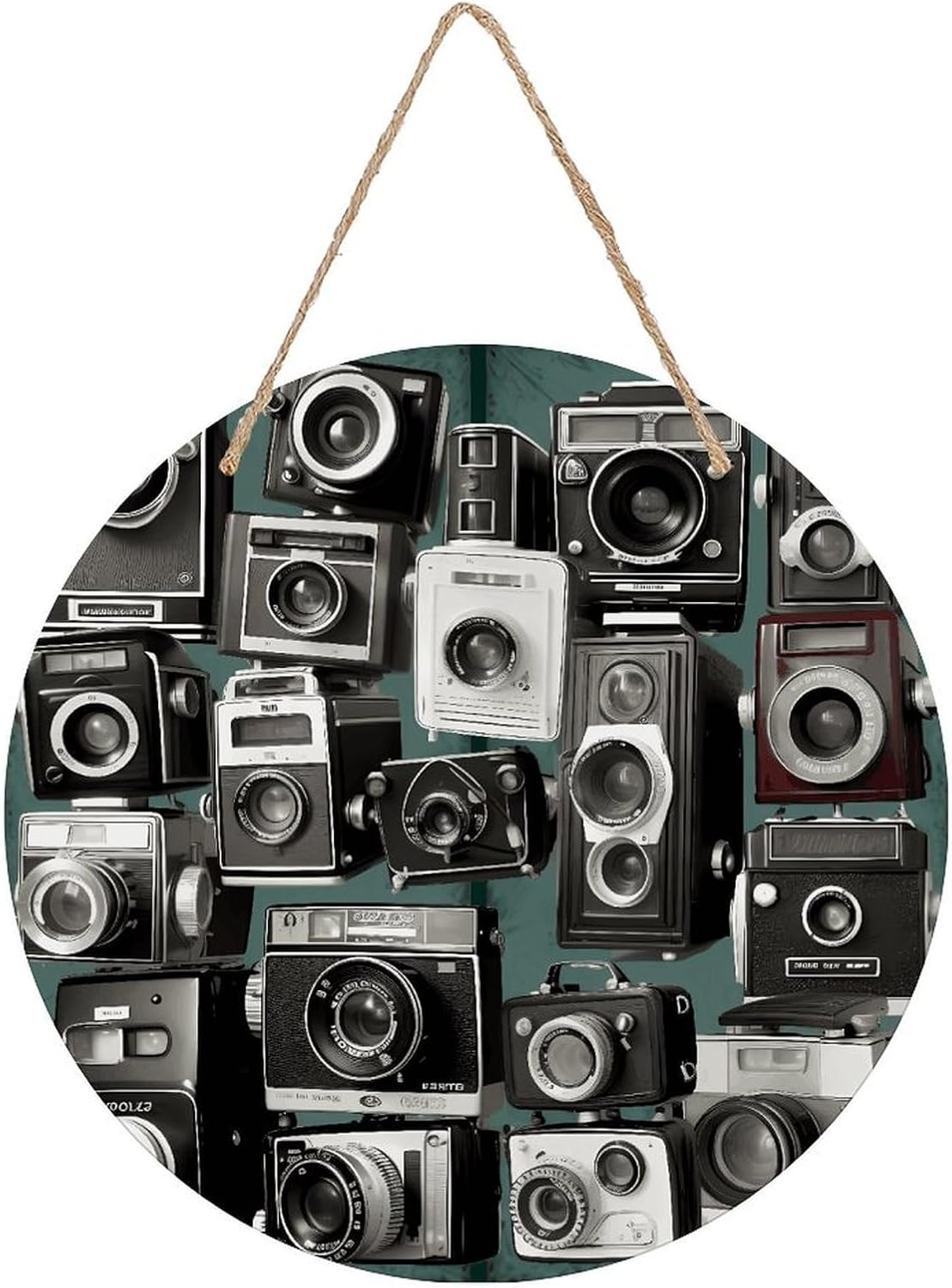 RLDOBOFE Welcome Sign Wooden Round Hanging Decorative 7.9x7.9 in Retro Cool Camera Collection Printed Wood Plaque with Ropes Wooden Front Door Sign Wall Art Decor for Home Indoor Outdoor Decor