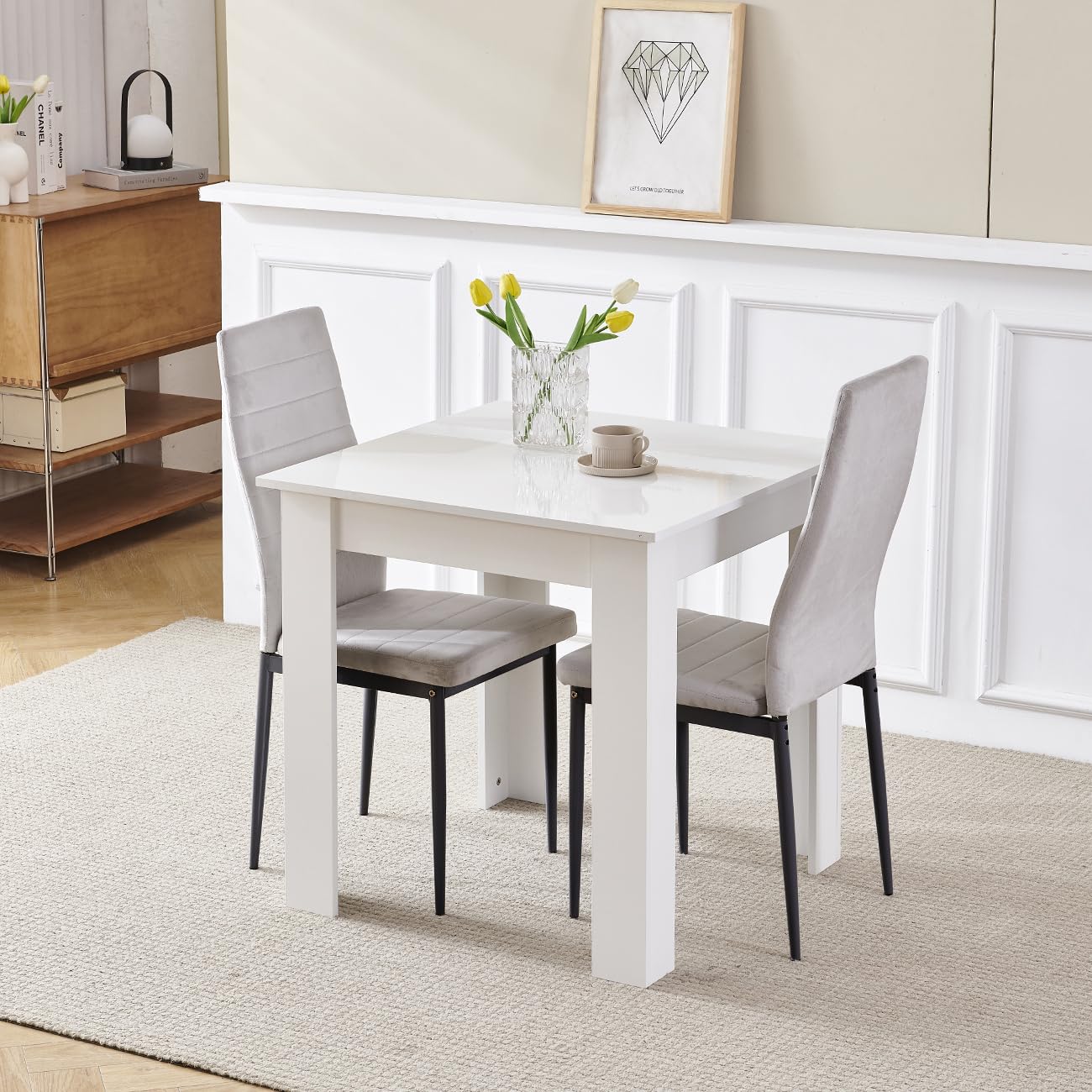 Homullel 75x75 cm Small Dining Table and 2 Chairs, 2 Seater Table and Chairs Set Kitchen Dining Room Set for 2, Compact, Space Saving, Wooden, Glossing Tabletop White (2 Seats, Flannel Grey #1) โ image 1