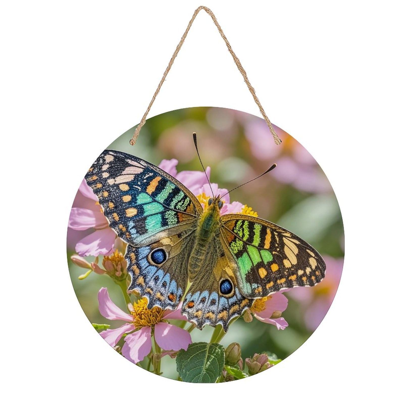 FekiLoot Butterfly Wall Art Decor Rustic Vintage Hanging Wall Sign Aesthetic Welcome Door Sign with Rope, Round Wood Walls Decoration Picture for Home Front Door 7.9x7.9 in
