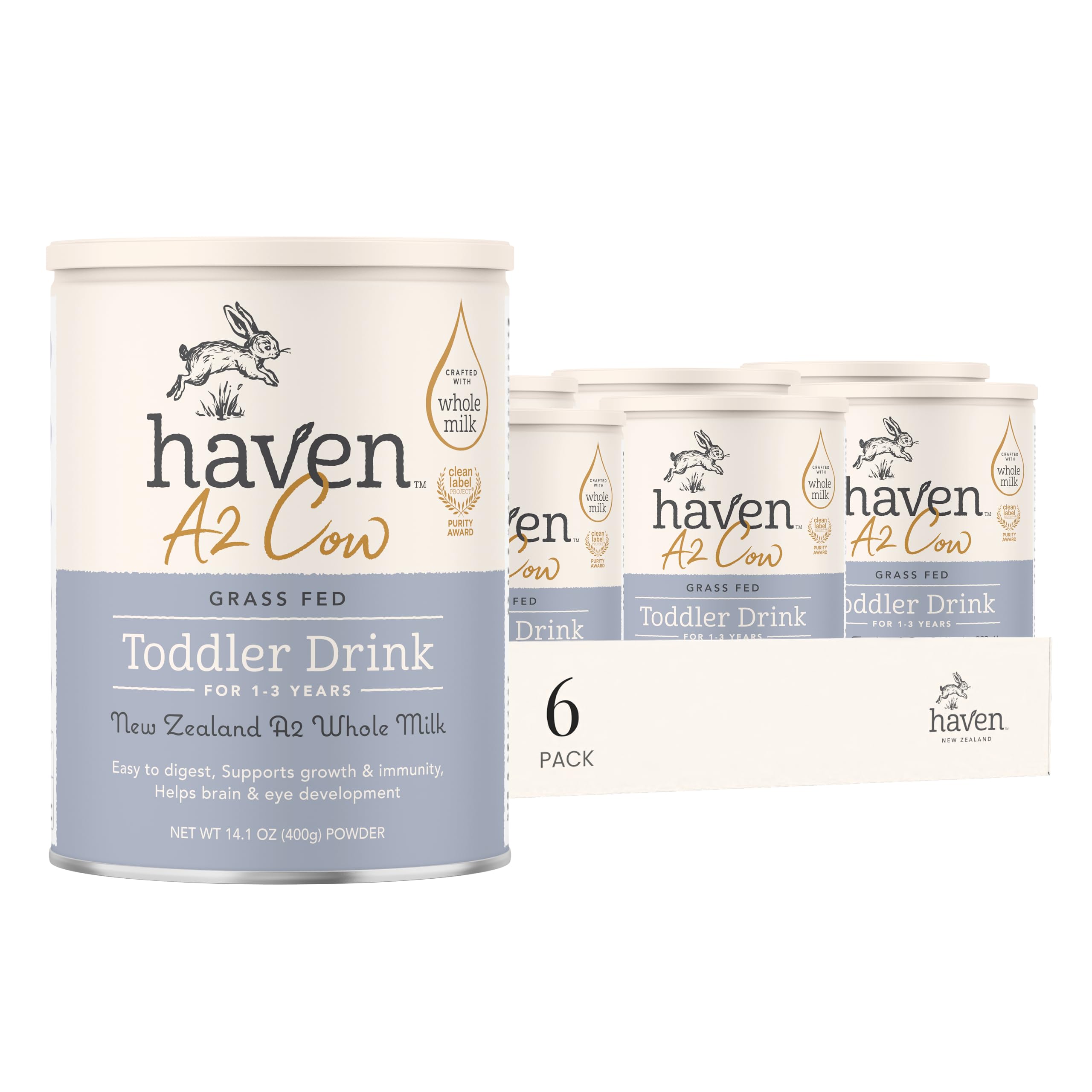 Haven A2 Kuh-Kleinkindformel, Vollmilch, ohne Zuckerzusatz, keine Samenöle, Grasmilch aus Neuseeland, DHA Omega-3, Probiotika und Präbiotika, Lutein, leicht verdaulich, ab 12 Monaten, 400 ml (6er-Pack