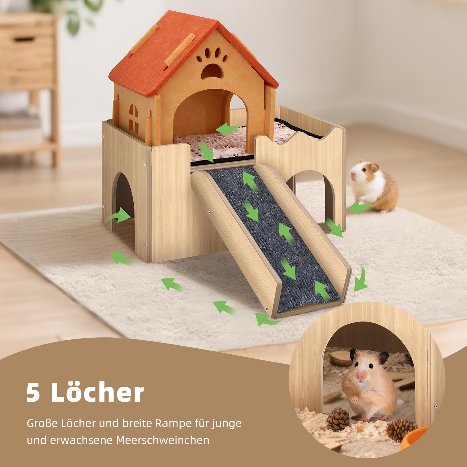 Mittimiya 3-in-1 Meerschweinchen Haus, Hamster Haus aus Holz mit Plattform und Treppe als Versteck, Meerschweinchen Zubehoer Kaninchenhaus für Kleintiere