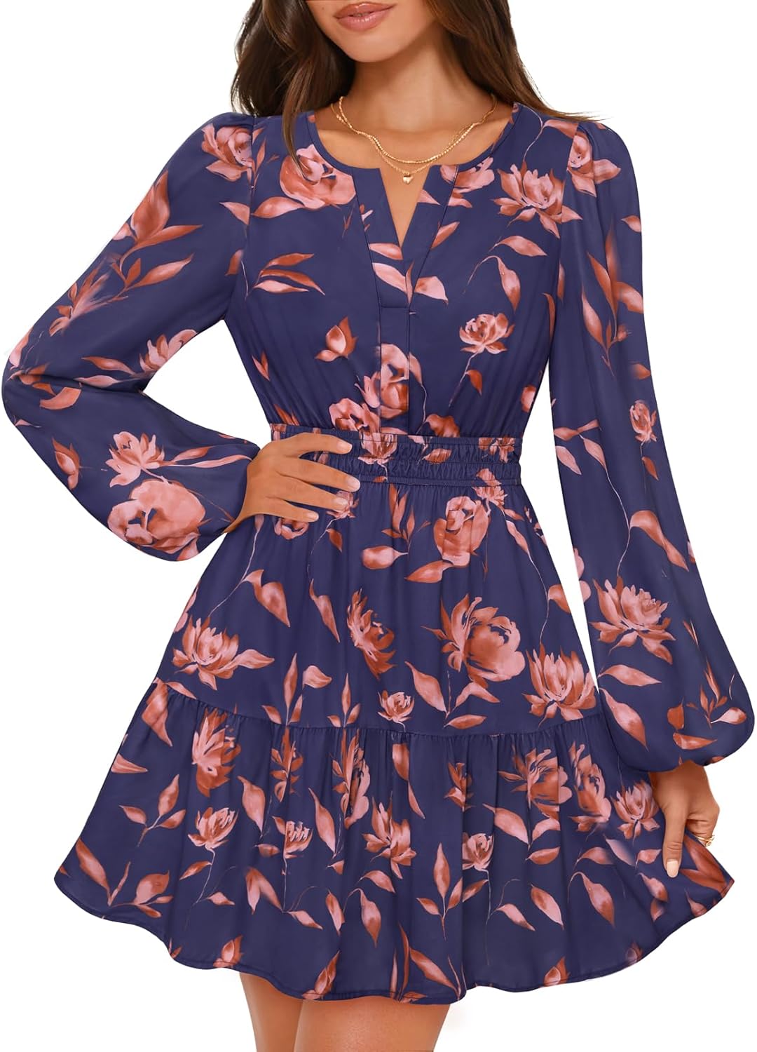 MEROKEETY Fall Wedding Guest Dresses for Women Long Sleeve Floral Casual Lightweight Flowy Swing Boho Dress Pockets
