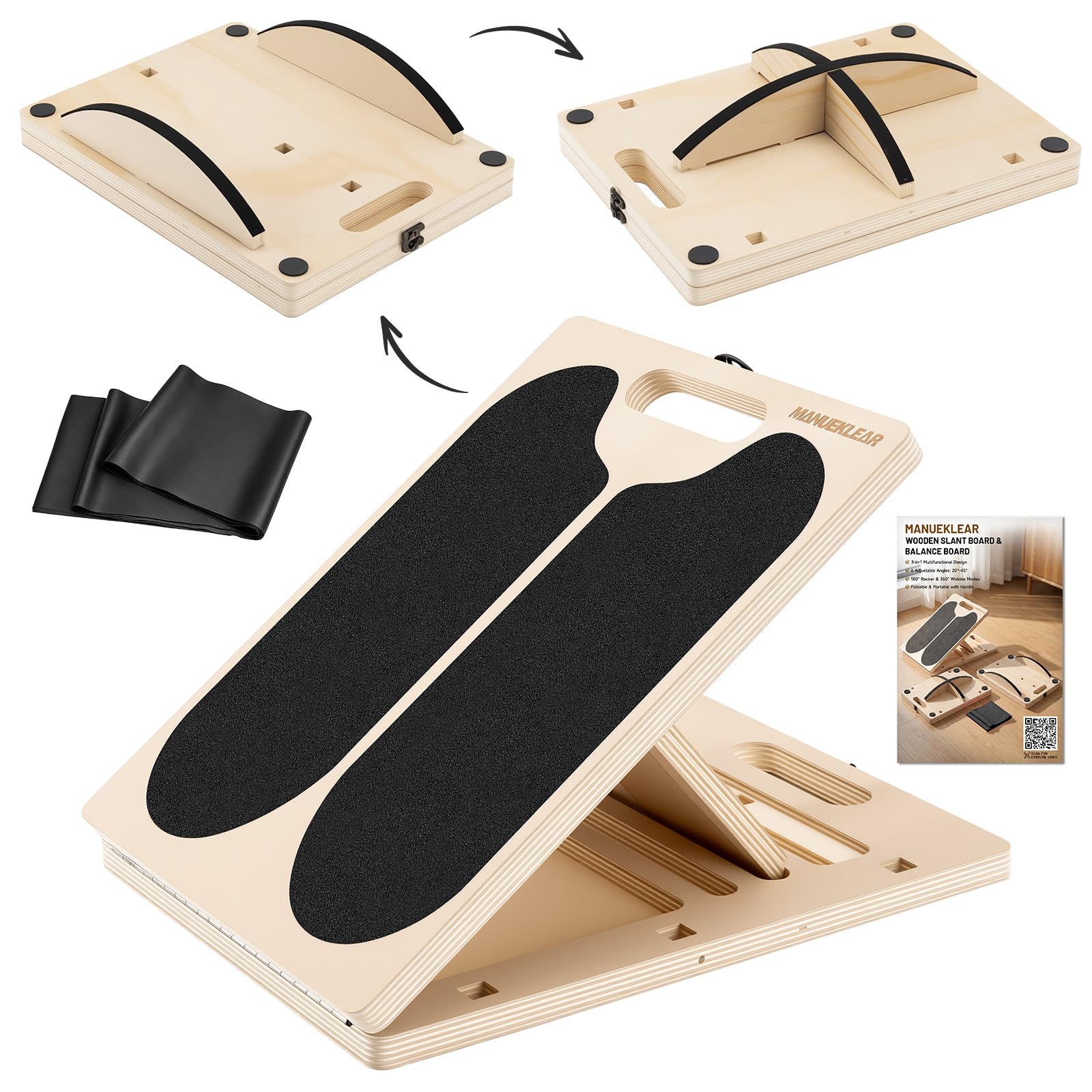 MANUEKLEAR Non-Slip Slant Board for Calf Stretching, 3-in-1 Velour Board & 180°/360° Balance Board for Home Gym Leg Muscle Stretcher, Adjustable Incline Board for Ankle Physical Therapy