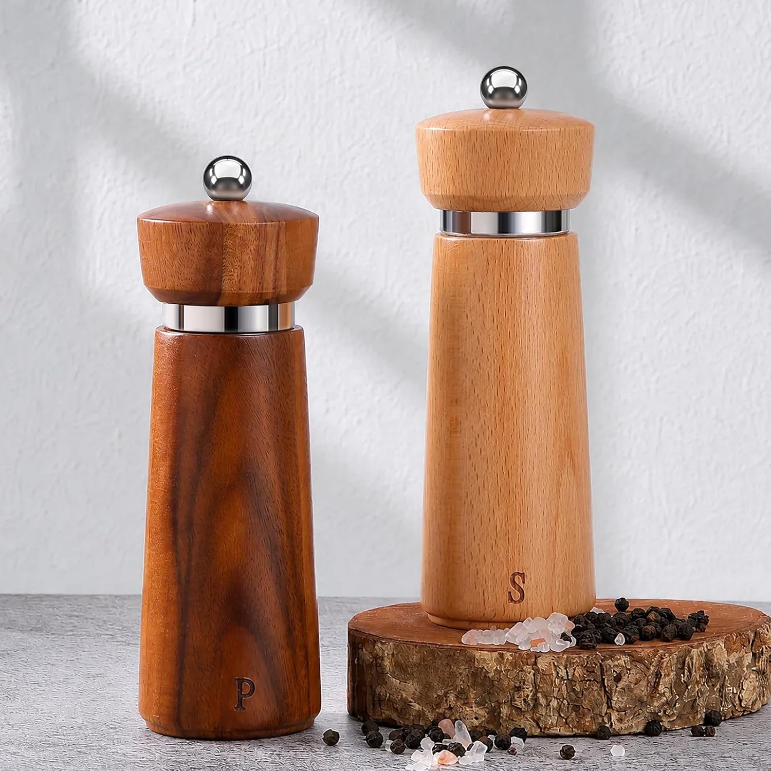 6 Inch Wooden Salt and Pepper Grinder Set, Refillable Salt & Pepper Mills with Adjustable Coarseness, Beech Wood Salt Grinder with Ceramic Core & Acacia Pepper Mill with Stainless Steel Core