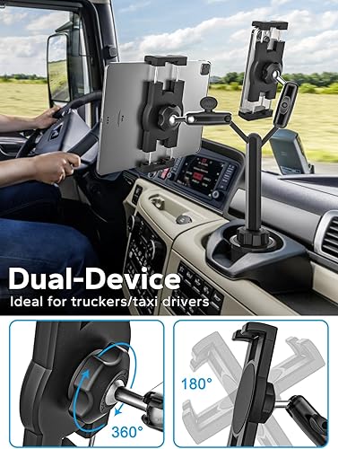 Miniatura 4 de GDZN Soporte doble para tableta para portavasos de automóvil, soporte de tableta de metal giratorio de 360 para camioneta pickup SUV, soporte de